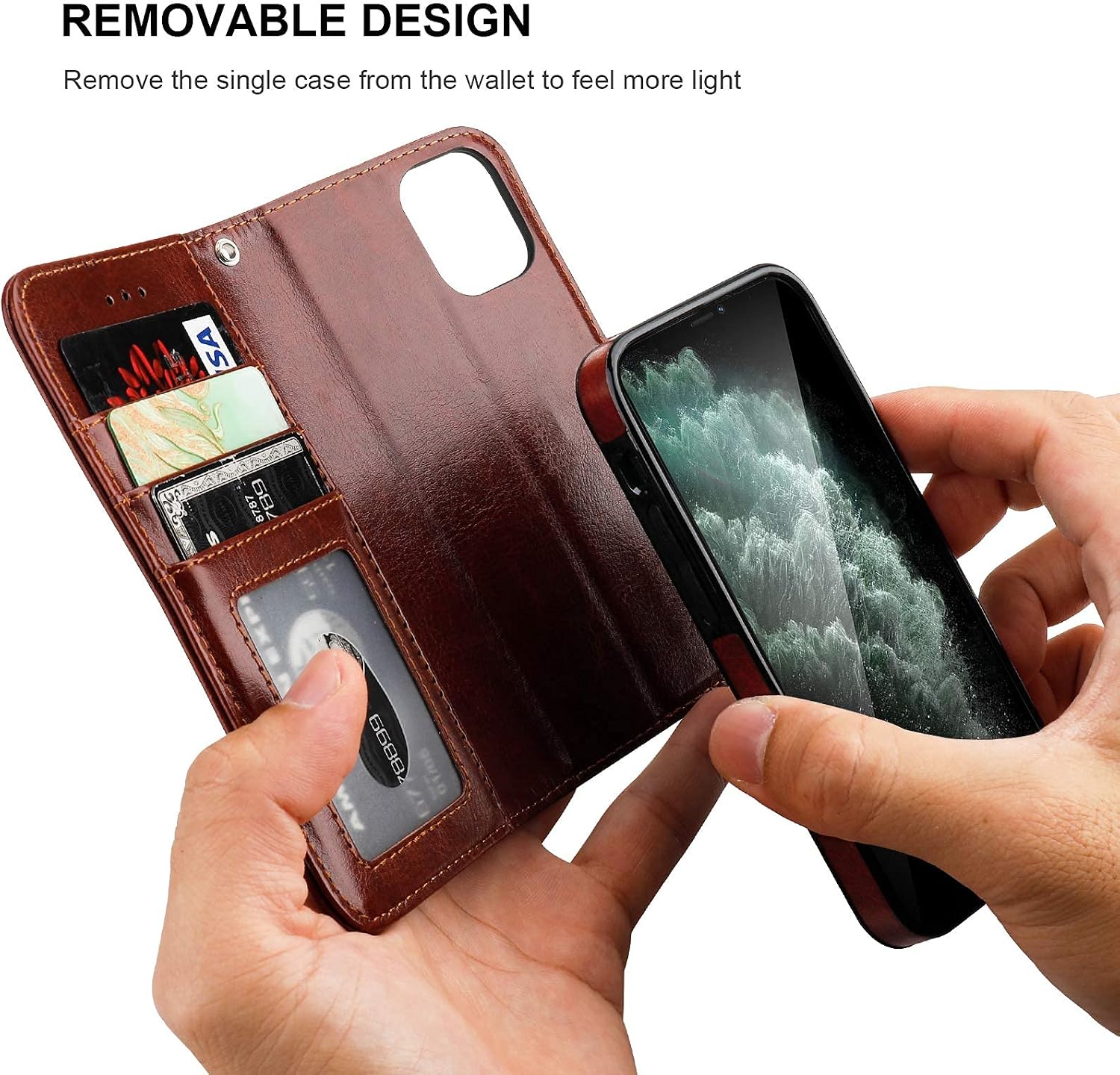 Bocasal Detachable Wallet Case Card Holder for iPhone 12 Mini, Brown image 3
