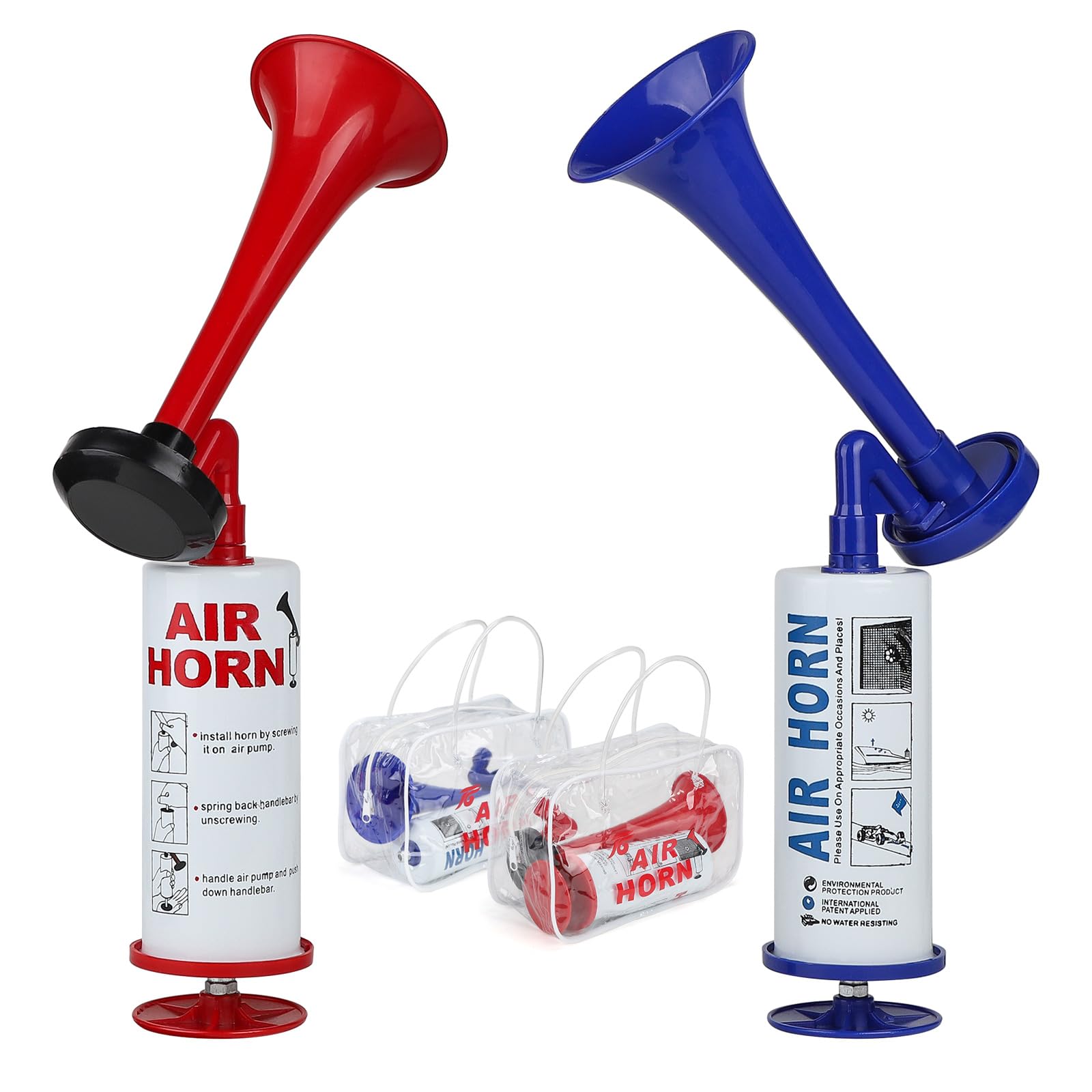 SUPAWAY 2Stk Manuelles Signalhorn, Handheld Air Horn, Sehr Lautes Lufthorn | Rot & Blau, Stadion Laut Horntrompete Party Horn LufthornKrachmacher für Sportveranstaltungen, Bootfahren, Geburtstage