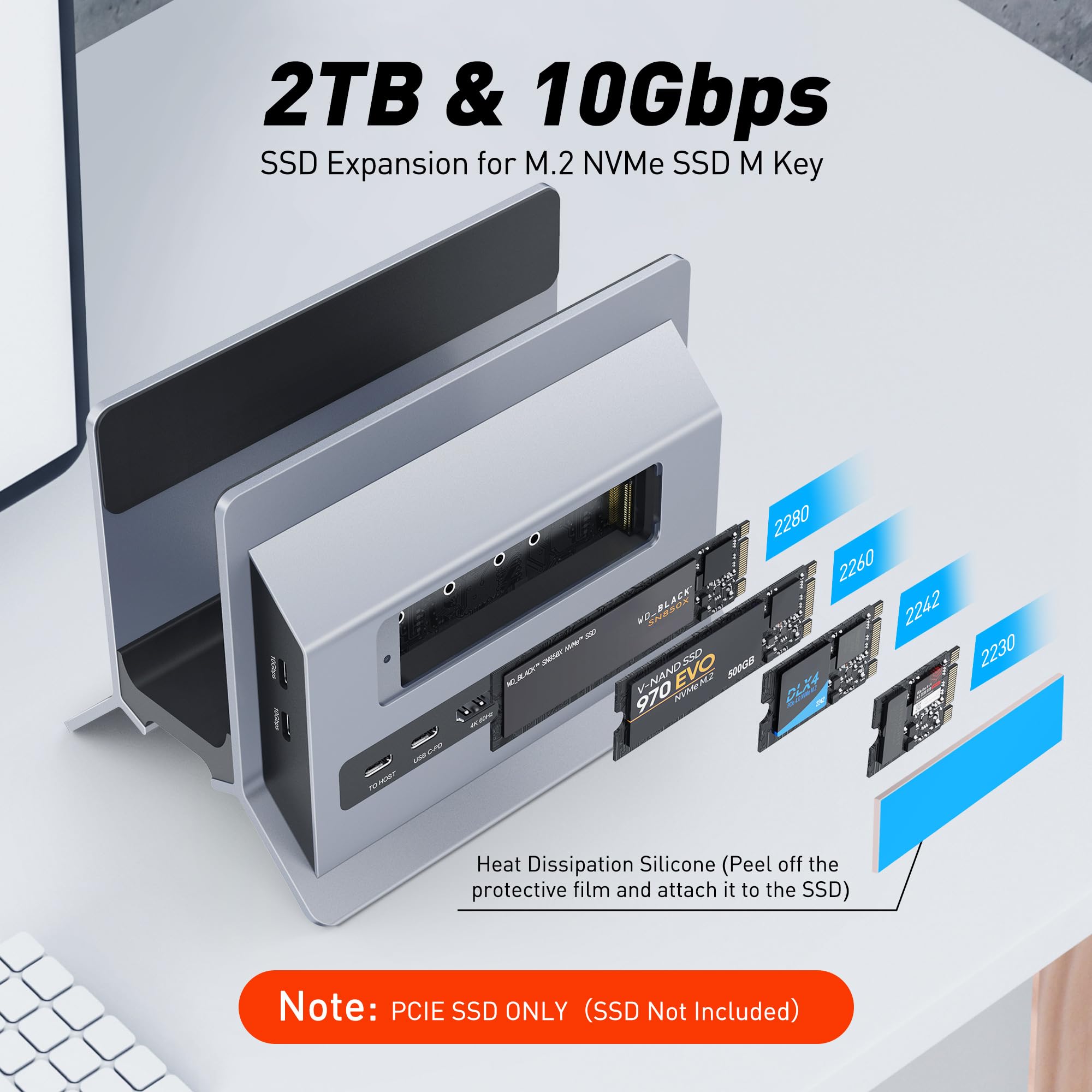 AboveTEK Docking Station USB C con Expansión SSD M.2, 4K HDMI Vertical Dock Station con 2 USB C 10Gbps, 2 USB A, PD3.0, Ethernet, SD/TF para MacBook Pro/Air