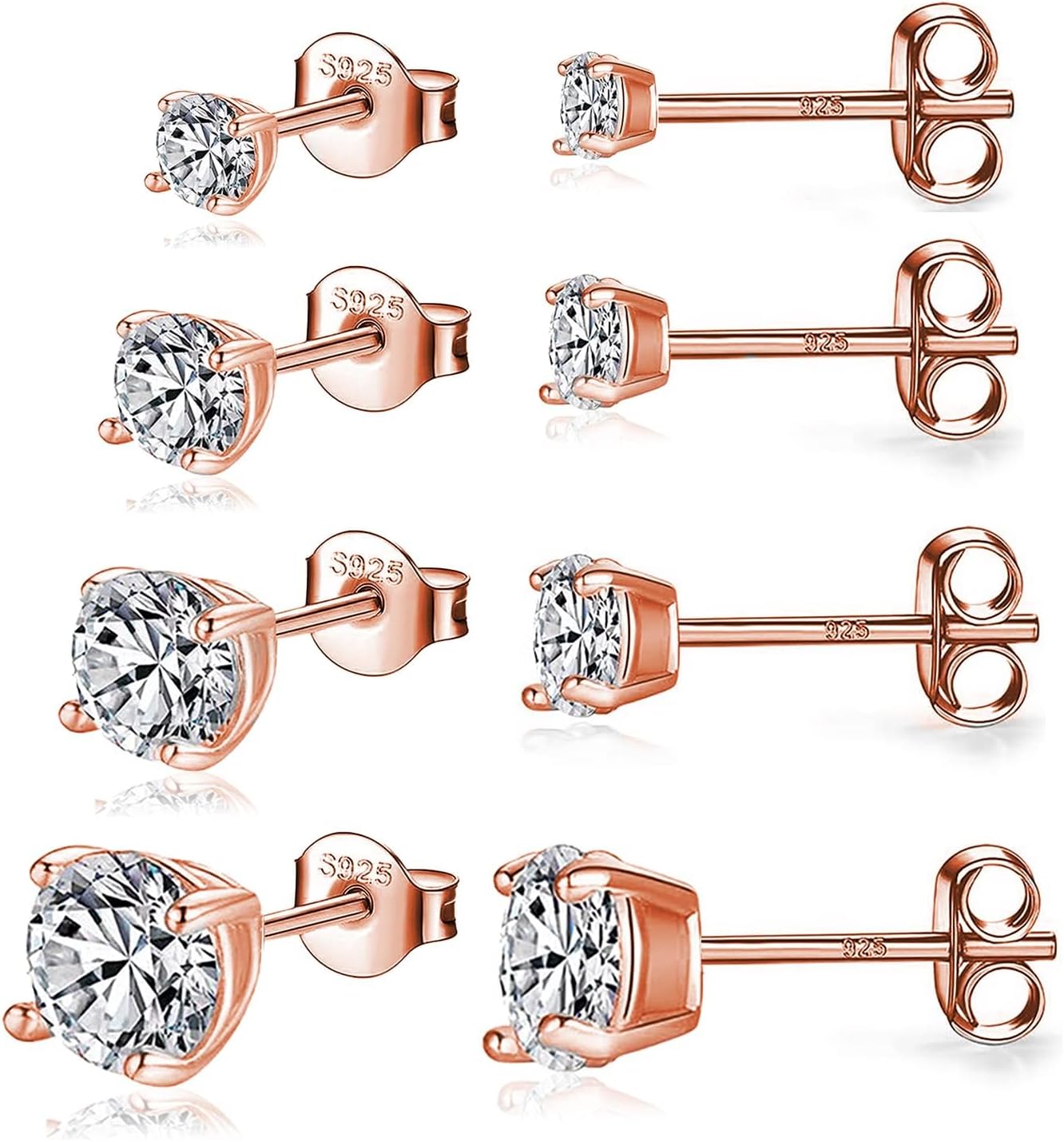 925 Sterling Silver Stud earrings Set | White Gold Plated Hypoallergenic Stud Earrings | Cubic Zirconia Stud Earrings for Women (2mm,3mm,4mm,5mm,6mm,7mm) 8 CZ colors options