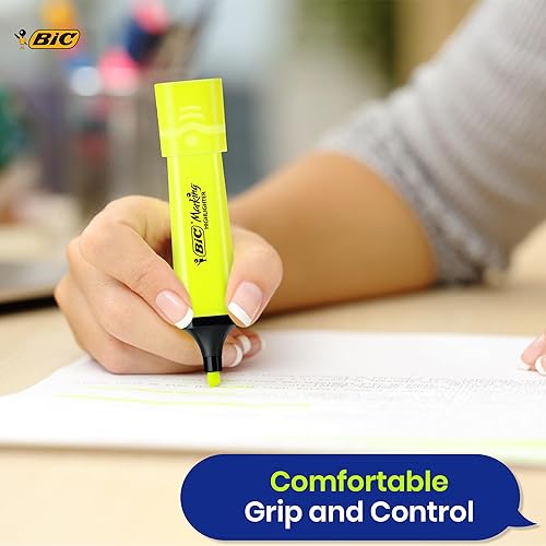 Miniatura 7 de BIC - Paquete de 12 rotuladores de plástico con tinta amarilla neón fluorescente para notas suaves y precisas, ideal para la escuela y la oficina