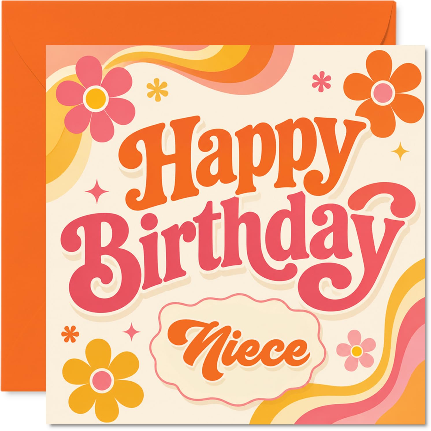 Playful Birthday Card for Niece - Groovy Retro Vibes - Bold Floral and Wavy Stripes Design in Orange, Pink and Yellow - 145mm Square, Envelope Included