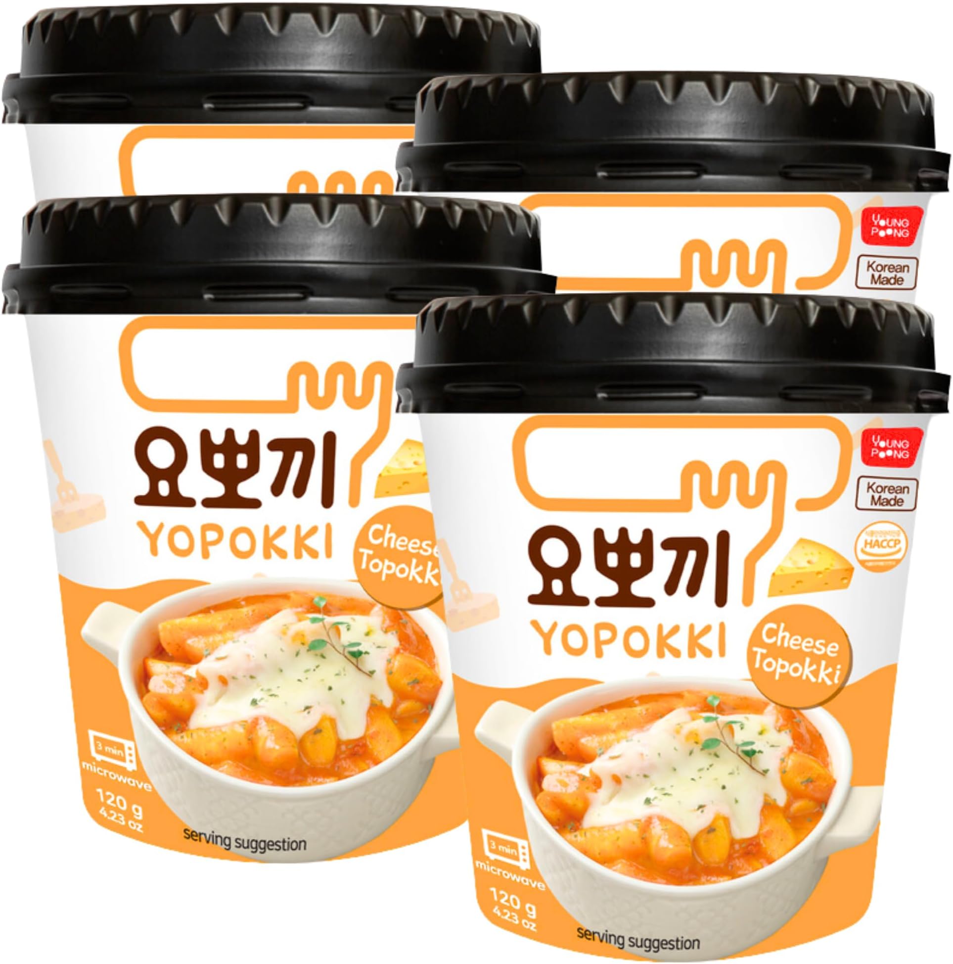 Young Poong Yopokki Cheese Rice Cake Cup Topokki Tteokbokki 120g (Pack of 4) - Instant Korean Snacks Food