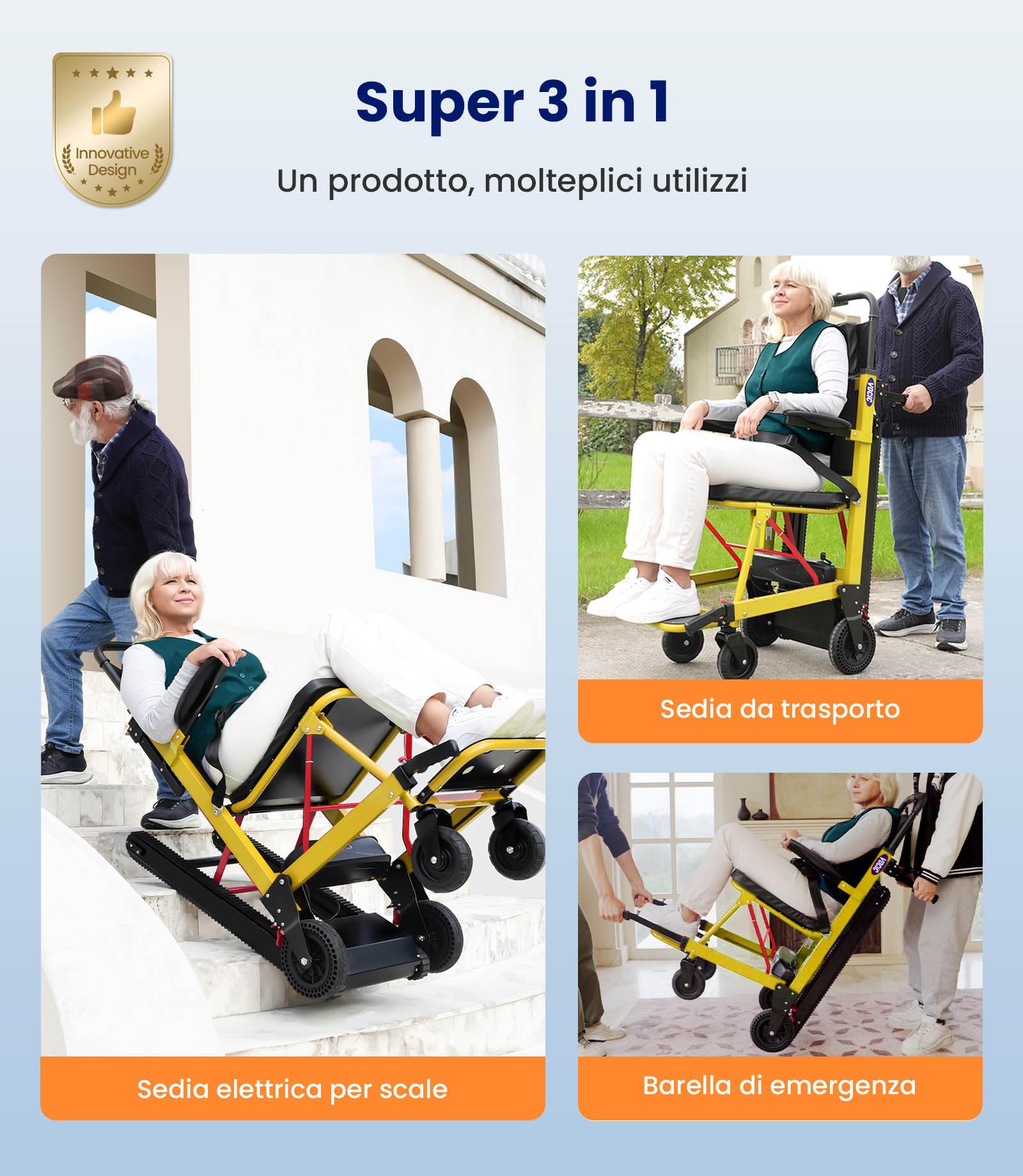 VOCIC AY04 Silla de ruedas eléctrica para subir escaleras, 220 kg | Alta capacidad de carga, con cadena de goma, para personas mayores, con luz LED (amarillo)