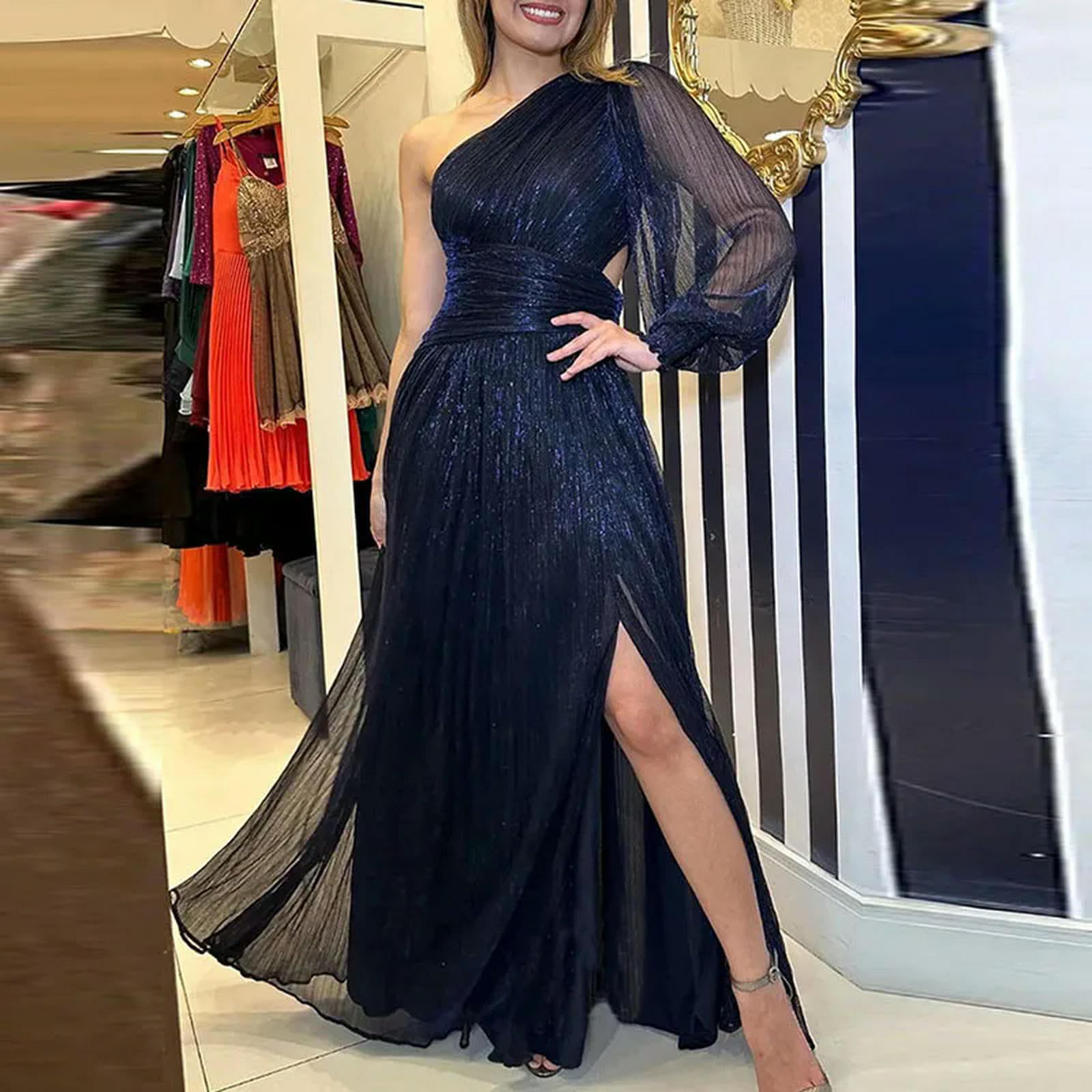 Vestido de Noche con un Solo Hombro y Manga Acampanada para Mujer, Vestido Largo con Abertura y Espalda Descubierta, Vestido Largo de Malla de Encaje para otoño, Vestido Largo con Abertura