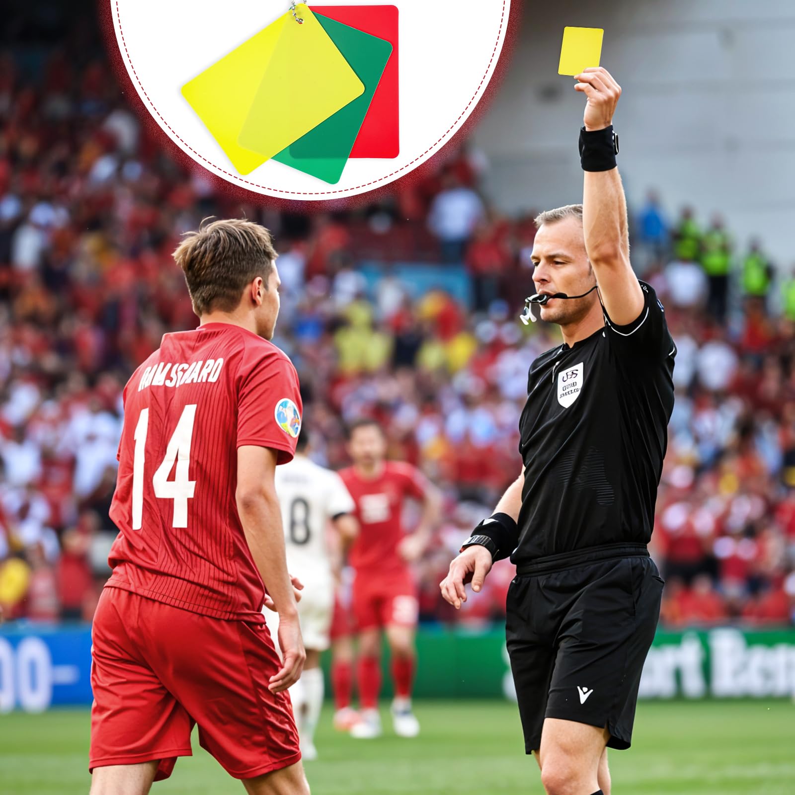Tarjetas de fútbol verde, rojo y amarillo para árbitro tarjetas penales, advertencia, expulsión, retraso y tarjeta