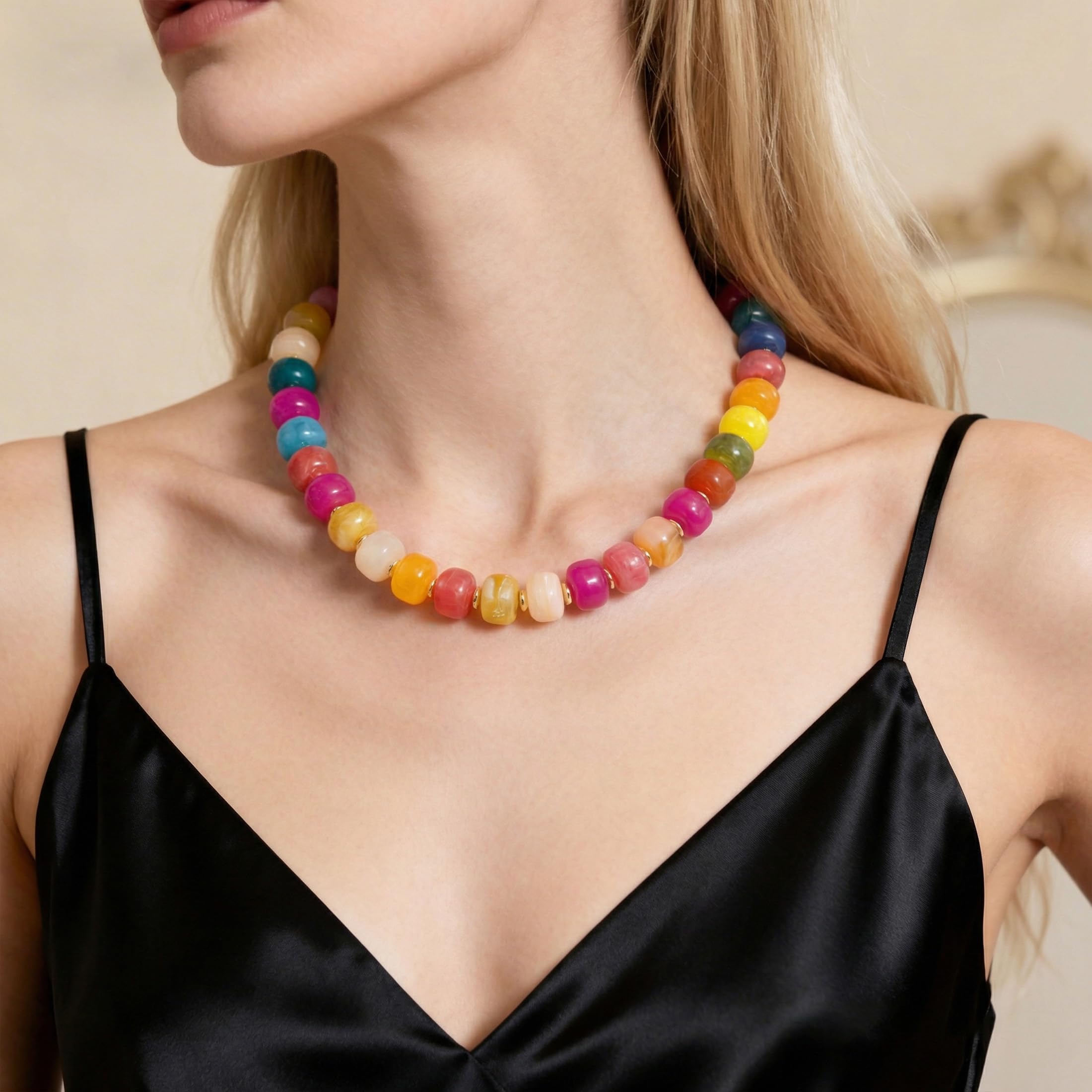 Zhuozatrfa Colorful Beaded Necklace for Women Unique Resin Beads Choker Necklaces Boho Statement Chunky Necklace Summer Vacation Jewelry — view 4