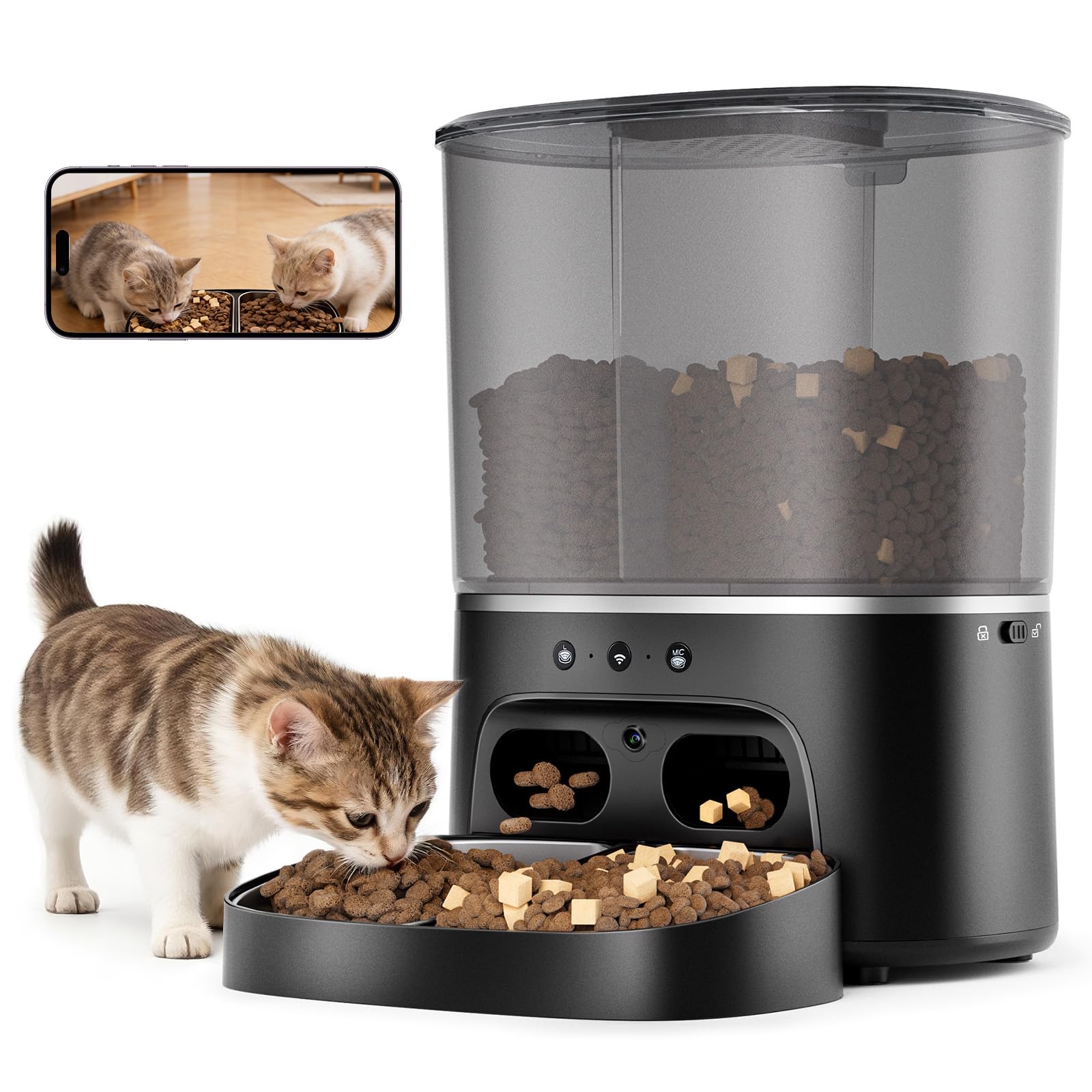 8L Comedero Gato Automático Doble con Cámara 1080P 160°,Acero Inoxidable Diseño Antiobstrucción App Control, WiFi 5G/2.4G Control Remoto Rudio Bidireccional para Múltiples Gatos