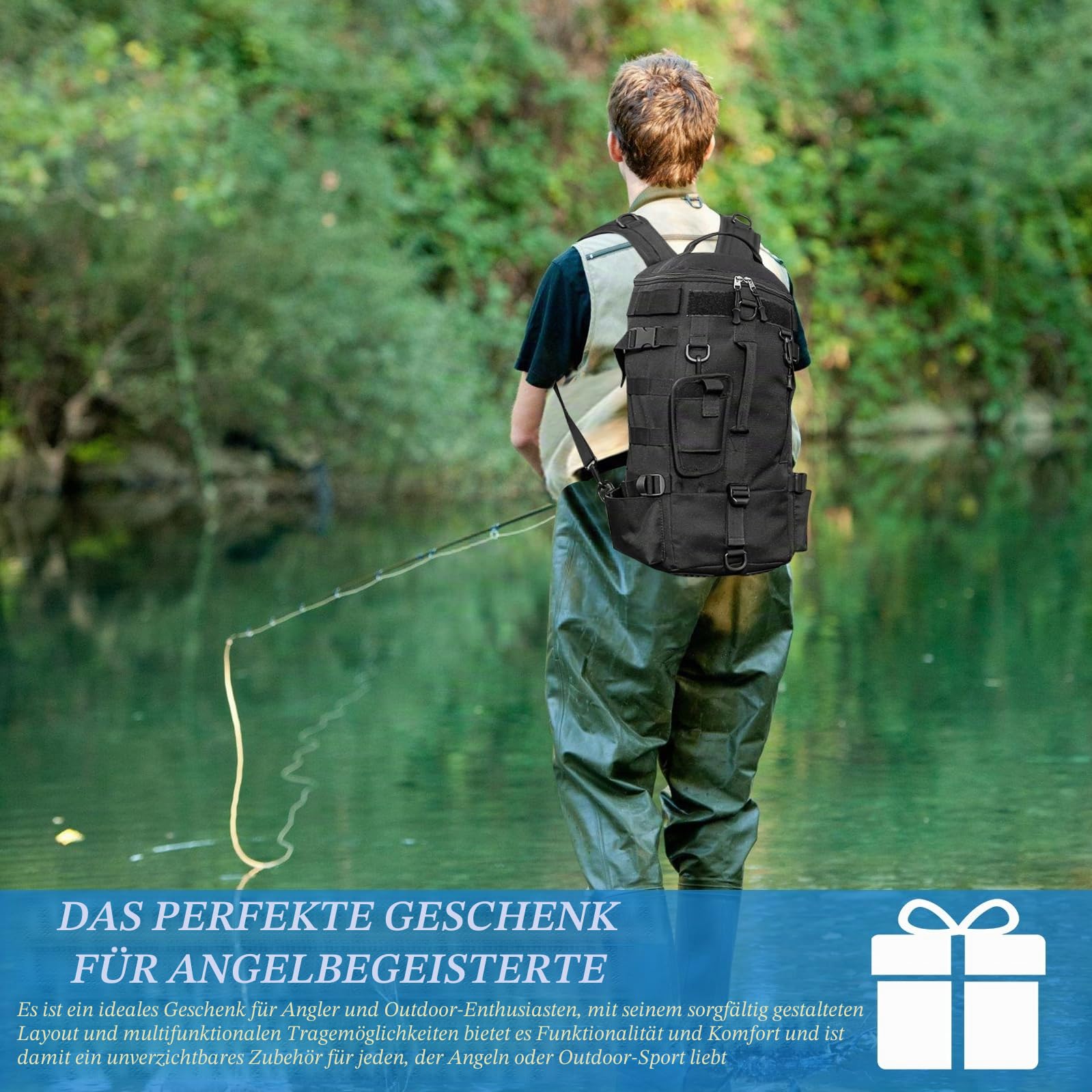 Groß Angelrucksack mit Rutenhalter, wasserdichte Angelgerät Rucksack, Multifunktional Militär Rucksack, für Camping, Outdoor Sport, Angeln, Wandern, Radfahren - Schwarz, 45 x 16 x 23 cm