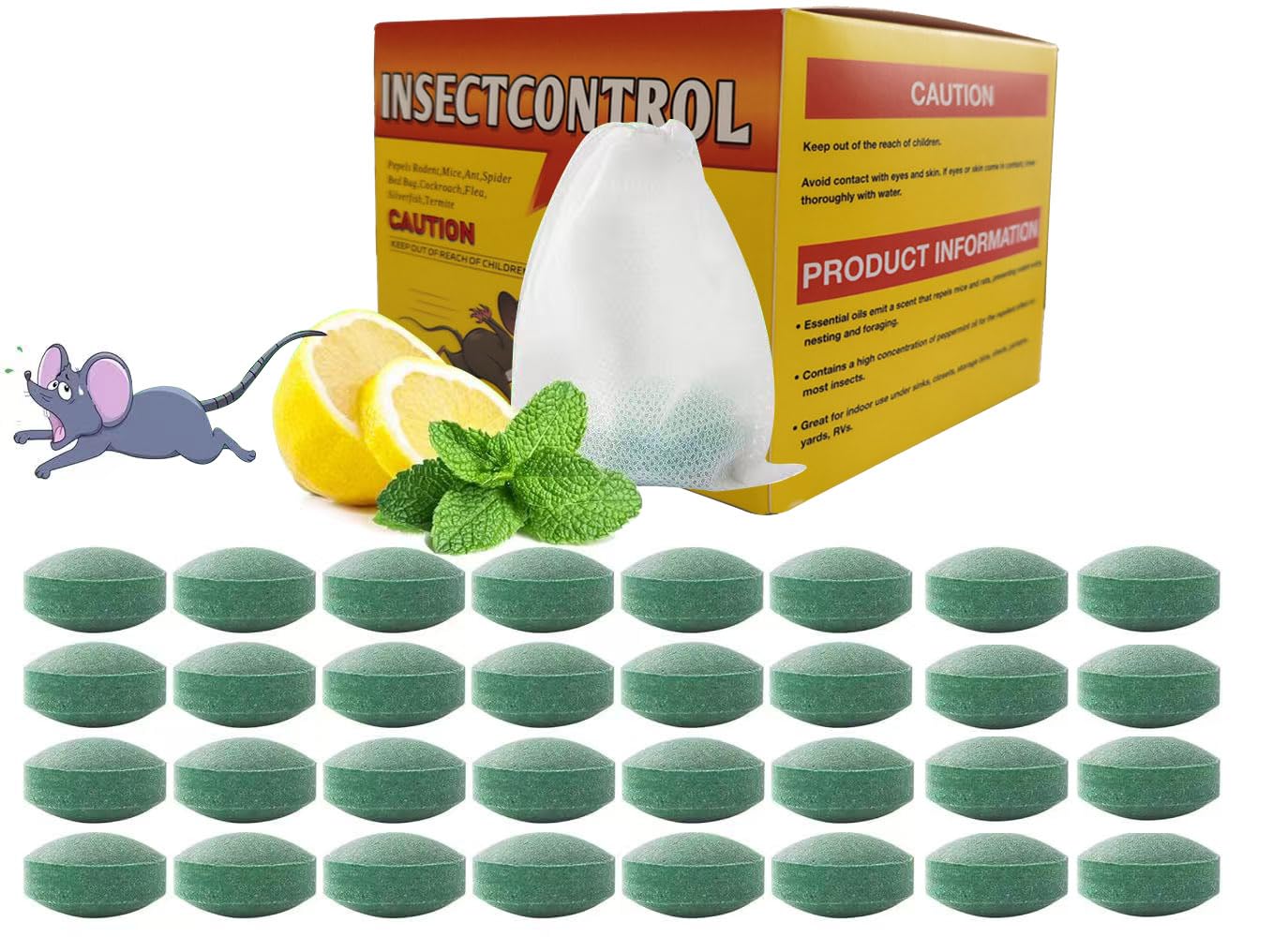 Rodent Repellent Ball Peppermint &amp; Lemon Oil House Backyard Basement Car RV Boat Mouse Deterrent for Indoor/Outdoor, Natural Ingredients Rat Repellent Balls (32)