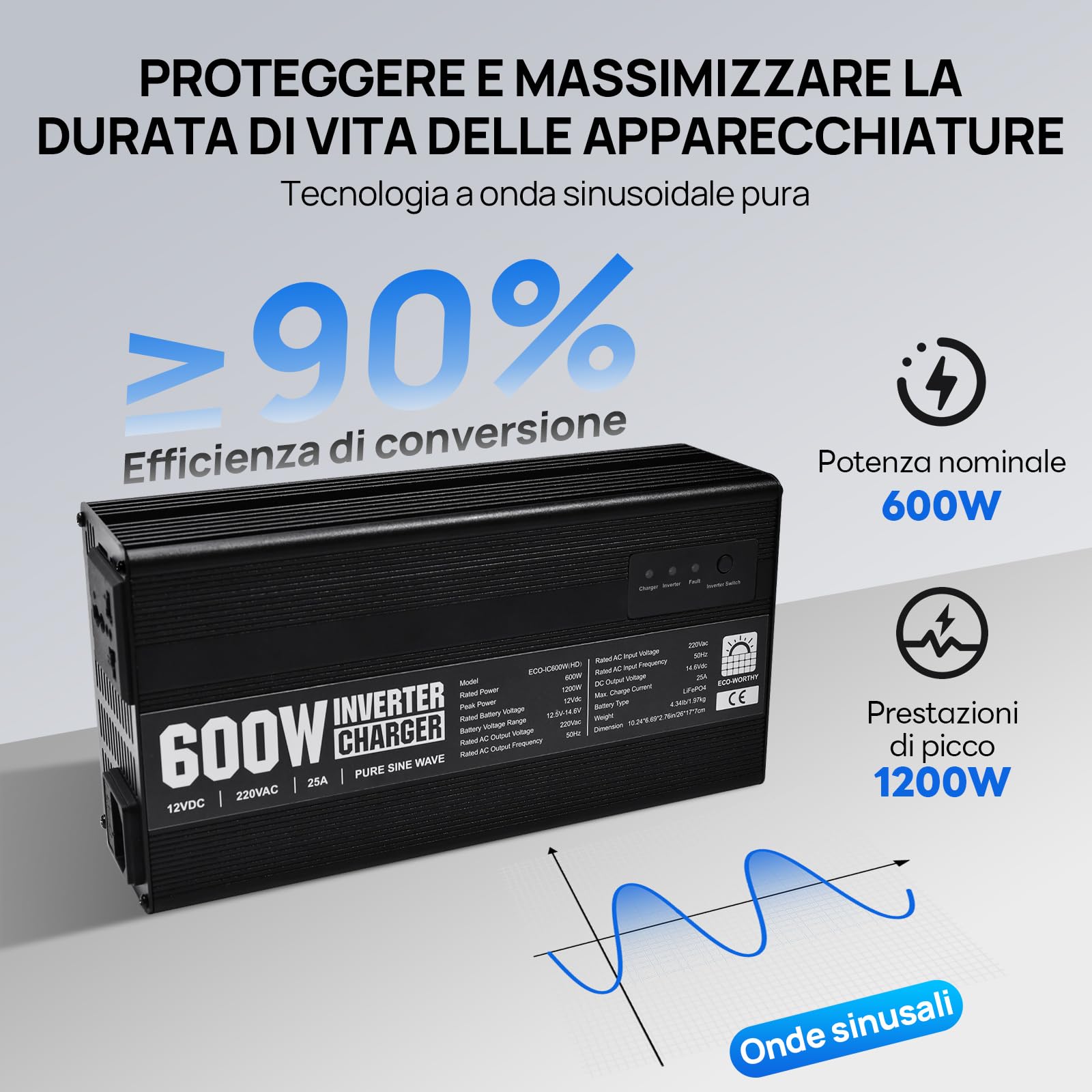 ECO-WORTHY LiFePO4 14,6 V 25 A Caricabatterie con convertitore 600 W da 12 V a 230 V, priorità alla rete e funzione UPS, per batteria LiFePO4 Deep Cycle, auto, camion, veicoli turistici