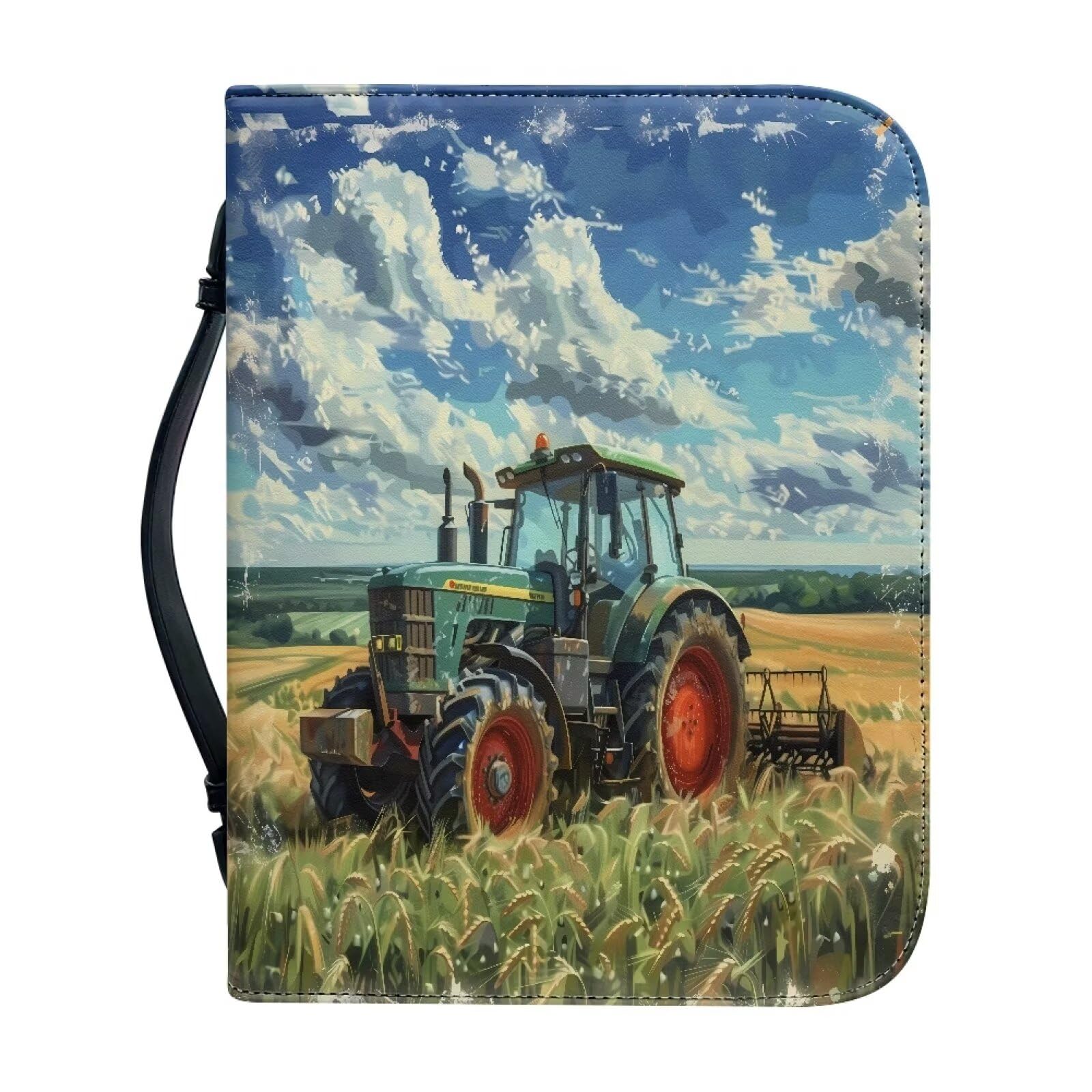 Kuiaobaty Cartoon Tractor Pattern Soft Leather Book Cover for Bible, Blue Sky Painting Novel Book Carry Case with Inside Slots for Phone,Pen