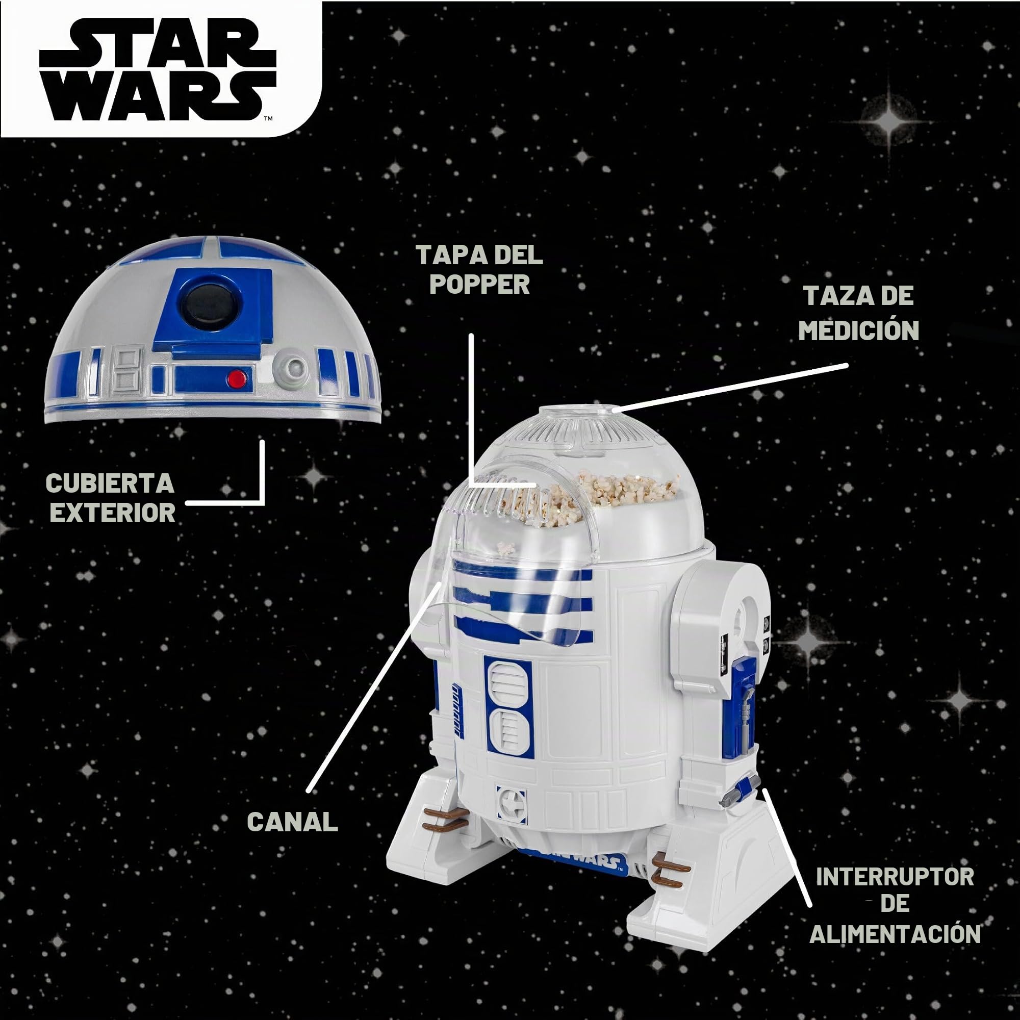 Uncanny Brands Star Wars R2D2 Máquina para hacer palomitas de maíz, totalmente operativo, aparato de cocina droide