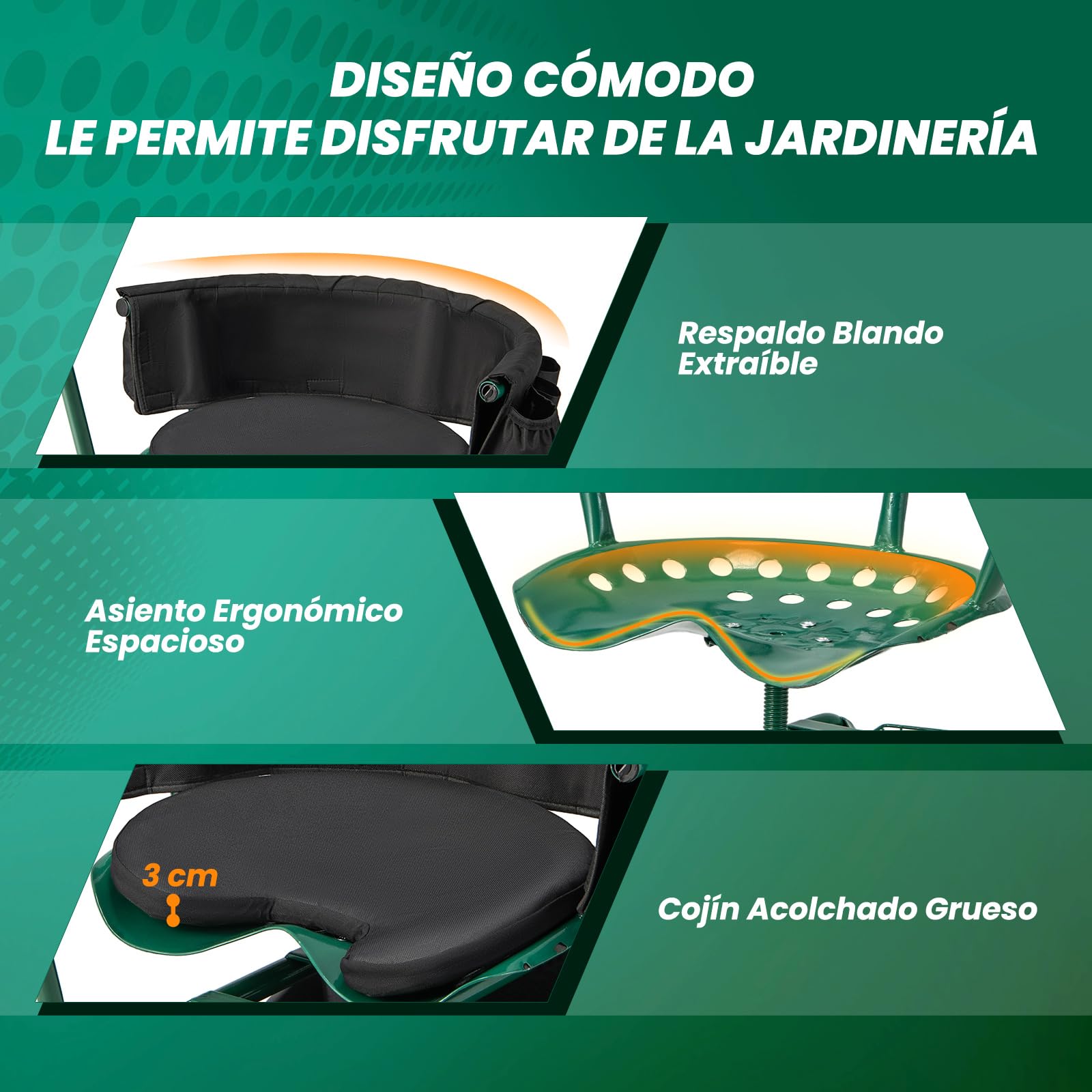 COSTWAY Asiento de Jardín con Ruedas, Carrito de Jardín con Asiento de Trabajo, Ajustable en Altura con Asiento Giratorio de 360° y Cojín, 2 Asas de Dirección, Taburete Móvil de Trabajo de Jardinería
