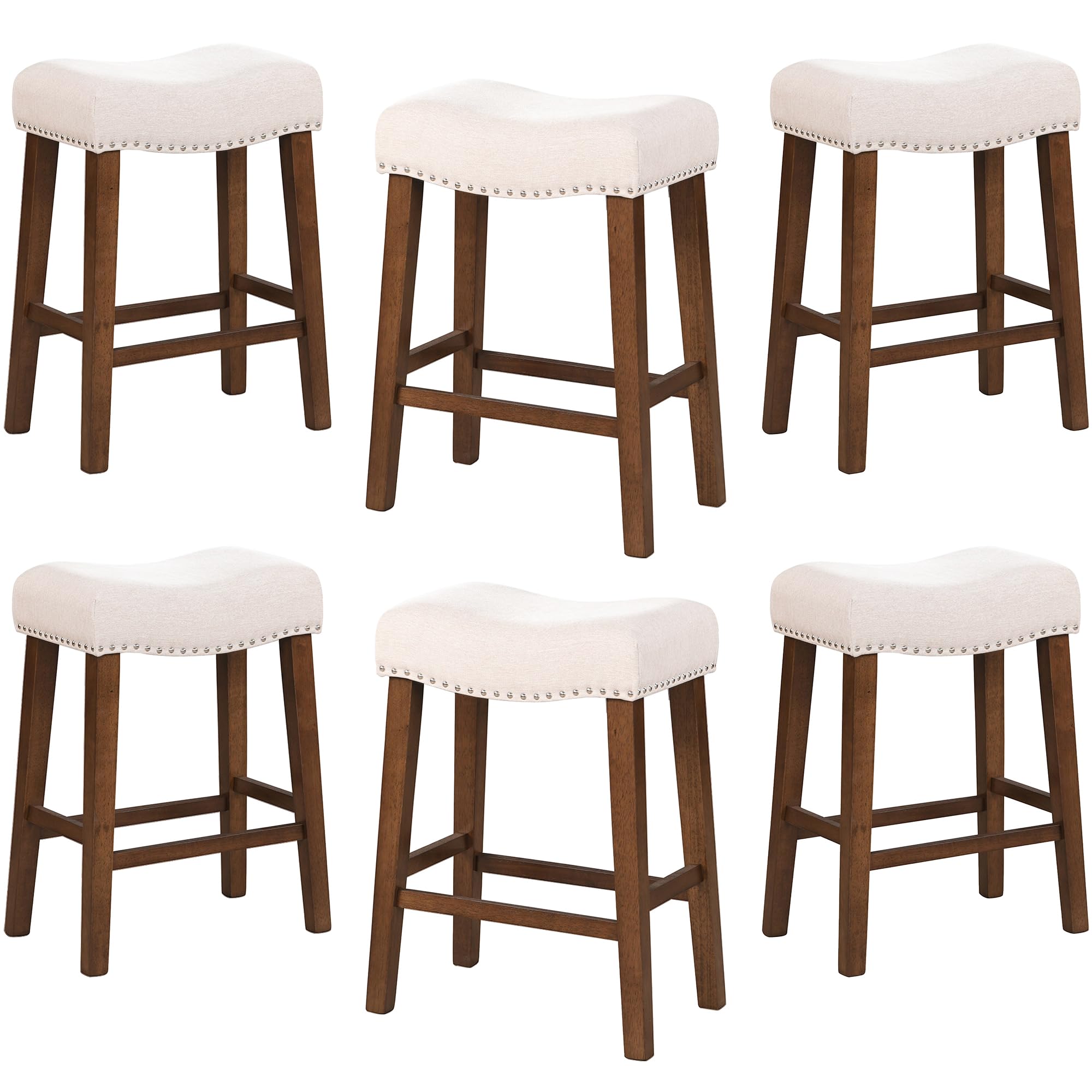 Larksperal 26" Counter Height Bar Stools - Modern Backless Kitchen Island Saddle Barstools Chairs with Footrest, Solid Wood Legs & Nailhead Trim Linen