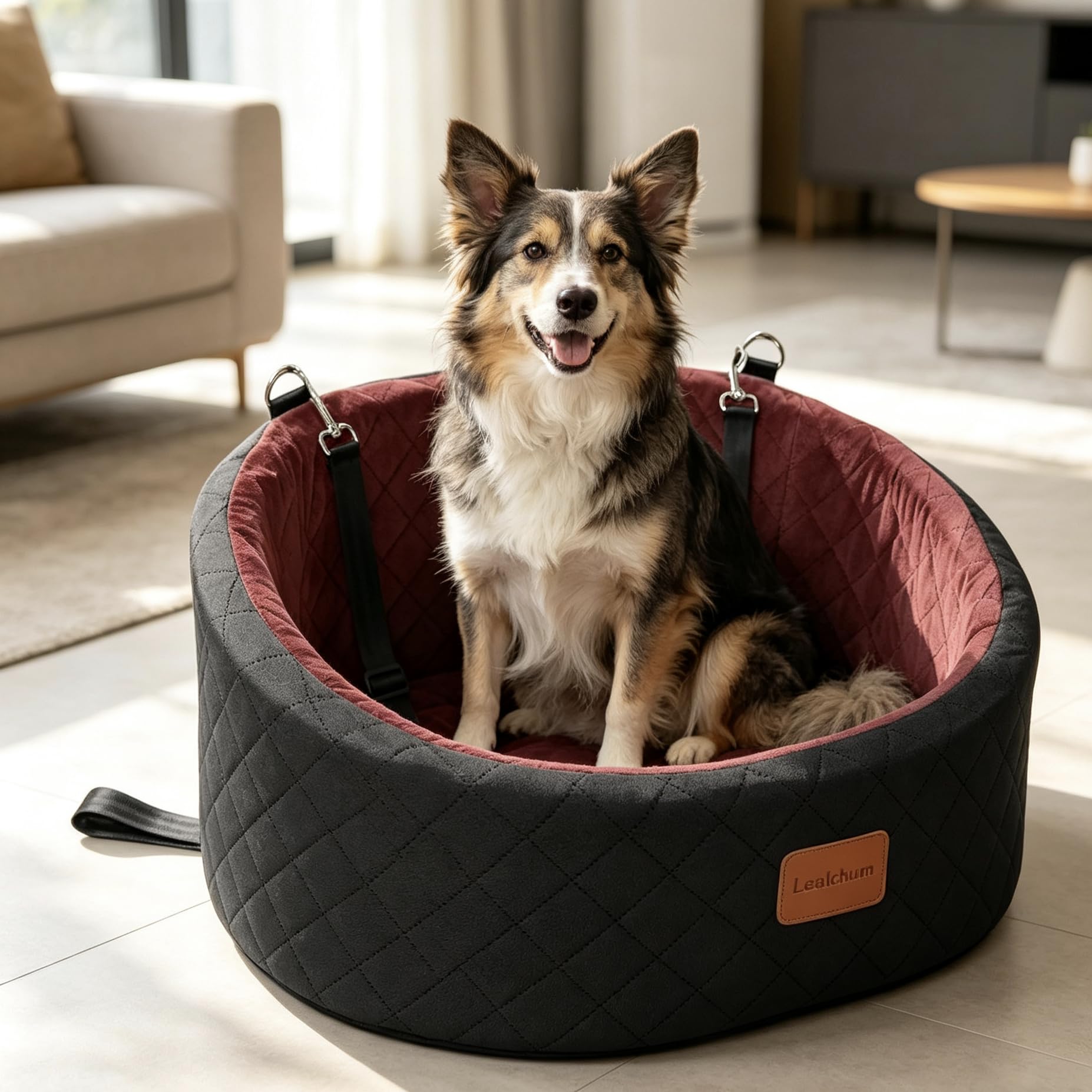 Lealchum Seggiolino auto per cani di taglia grande fino a 22,7 kg, morbido lettino per animali domestici con due tasche portaoggetti e guinzaglio a clip, completamente rimovibile e lavabile