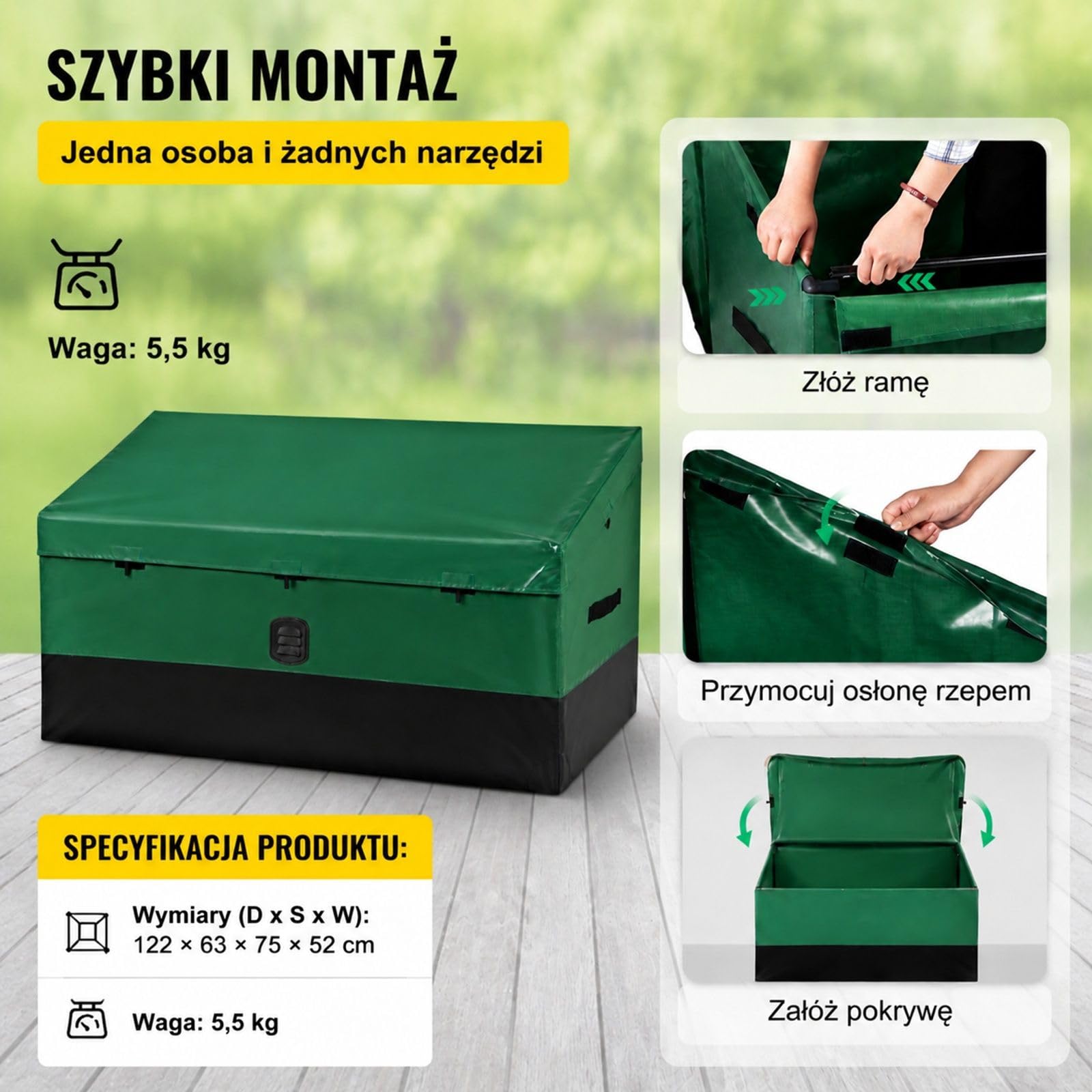 Skrzynia ogrodowa 440 l z plandeki PE na taras, poduszki i narzędzia