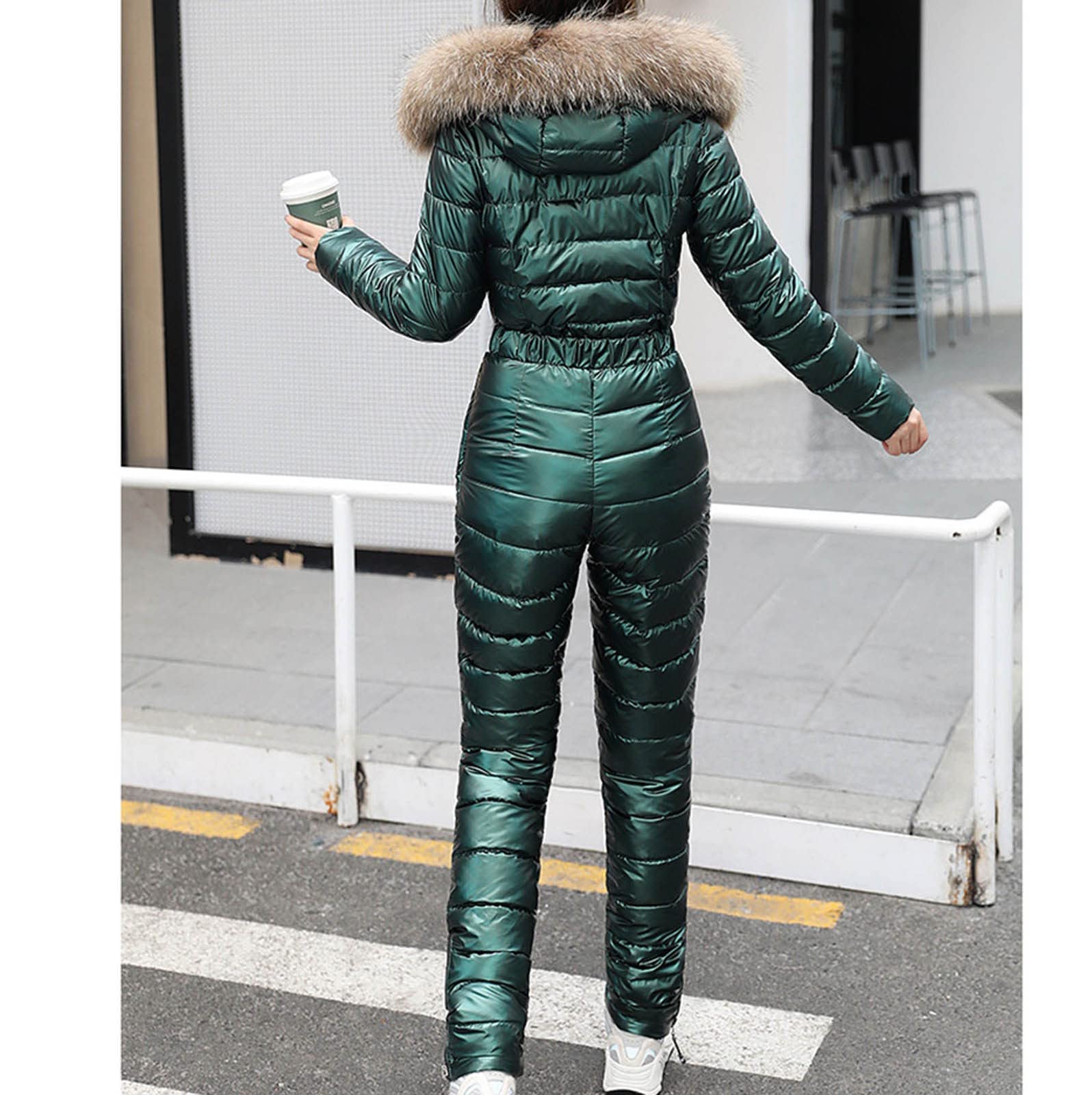 IQYU Tuta da sci da donna, tuta da neve, impermeabile, con cappuccio in pelliccia, giacca da snowboard, giacca da sci lunga, giacca da sci termica, giacca da neve calda, set da sci, Z verde, XXL