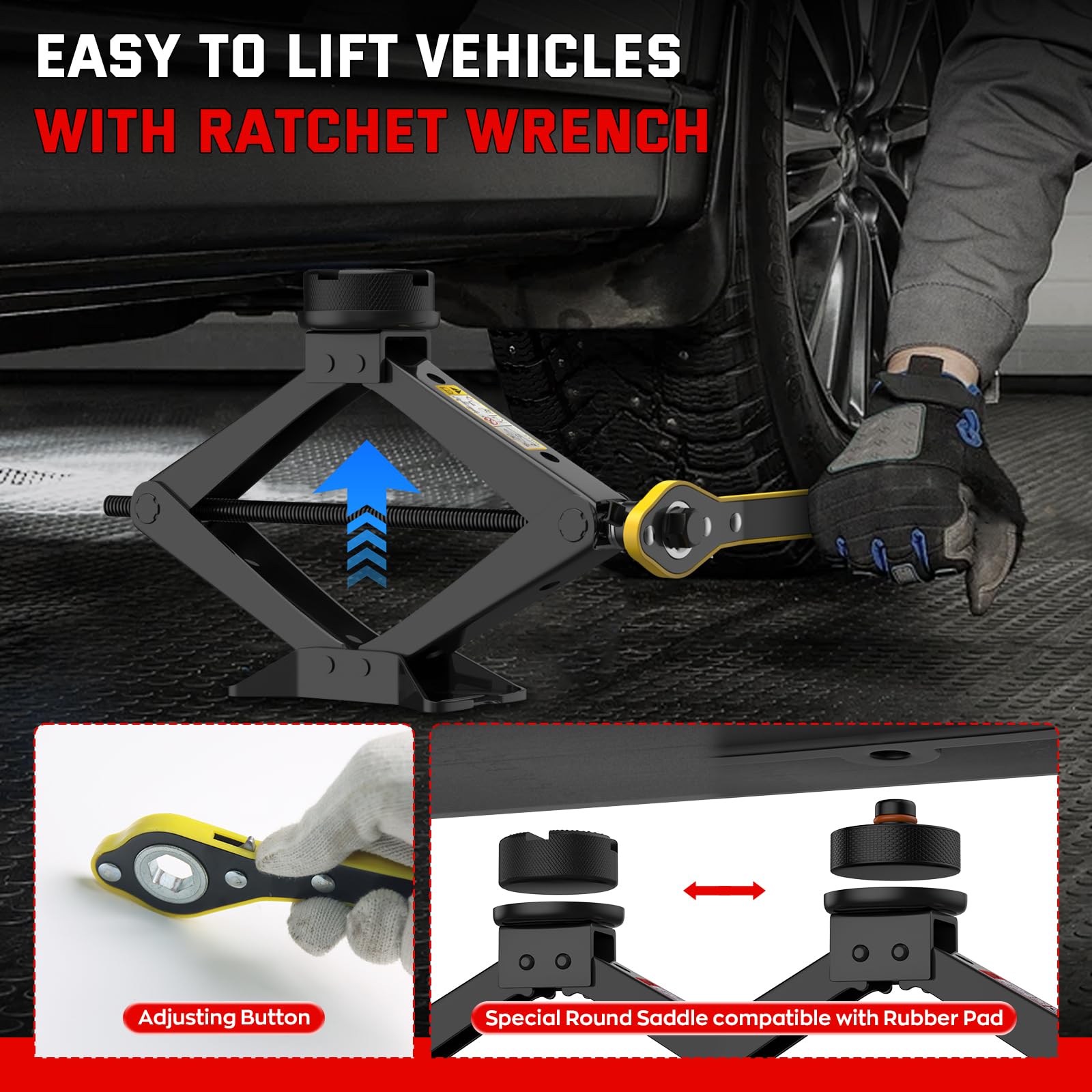 IMAYCC Gato para Coche 2.5T/2500kg, Kit de Gato Coche Universale con 2 Piezas Bloque De Goma, Gatode Tijera portátil con Llave de Tuercas de Rueda, Kit de Emergencia paraCoche SUV MPVTesla