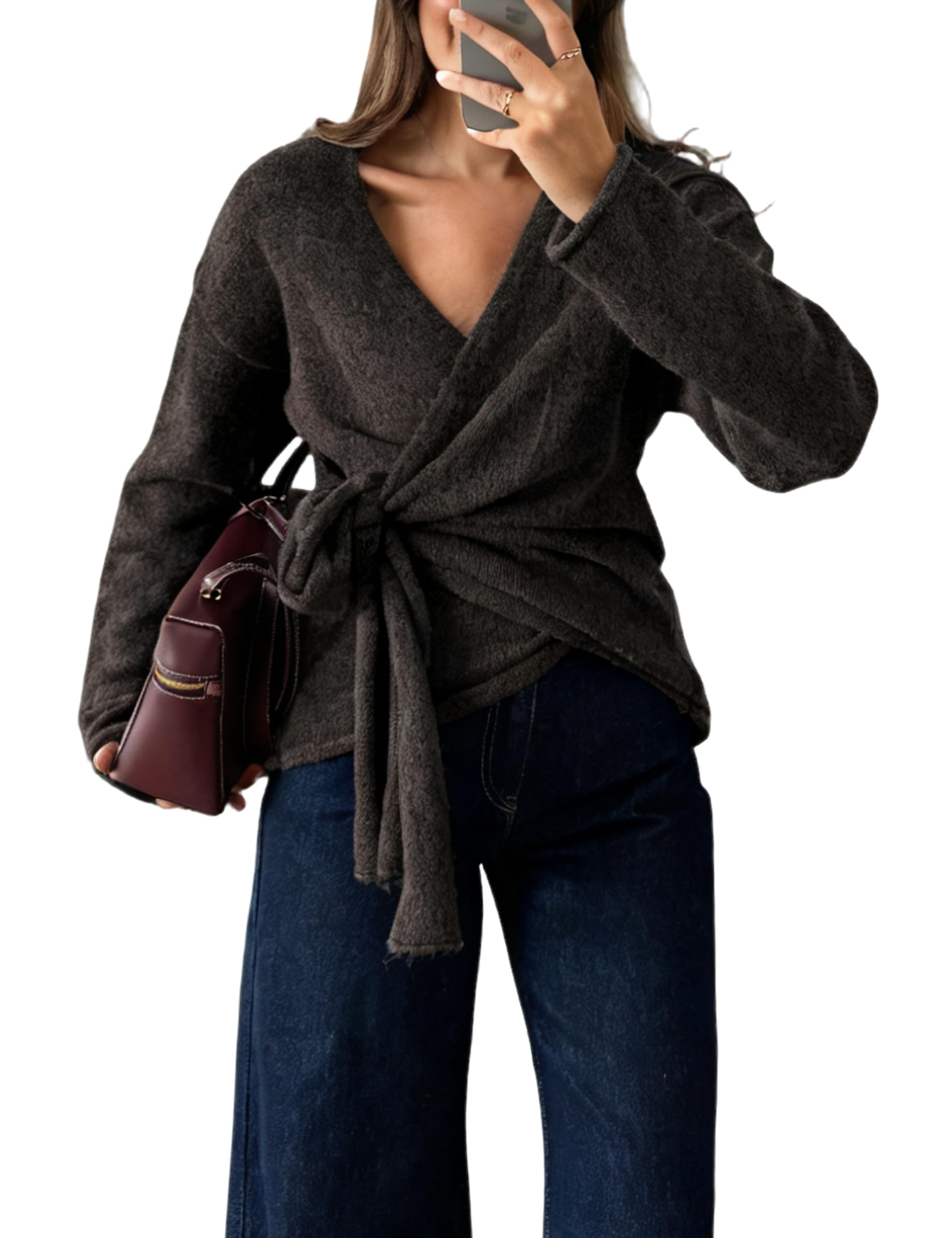 Watashi Women Casual V Neck Wrap Sweater Long Sleeve Cozy Self Tie Belted Knit Sweaters Fall Winter Outfits
