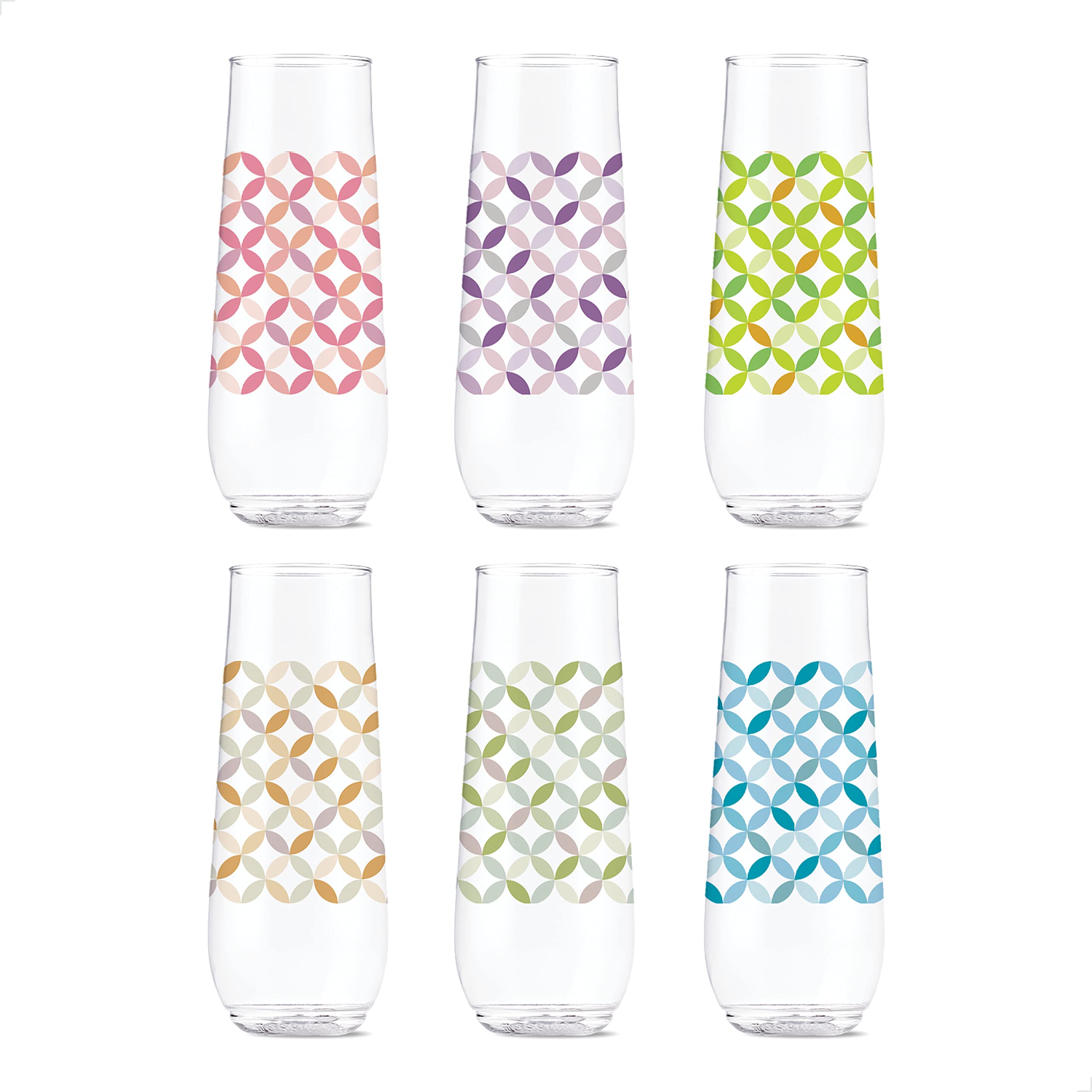 TOSSWARE POP 9oz Flute Designer Series - Shapes 2, SET OF 6, Premium Quality, Recyclable, Unbreakable & Crystal Clear Plastic Printed Champagne Glasses