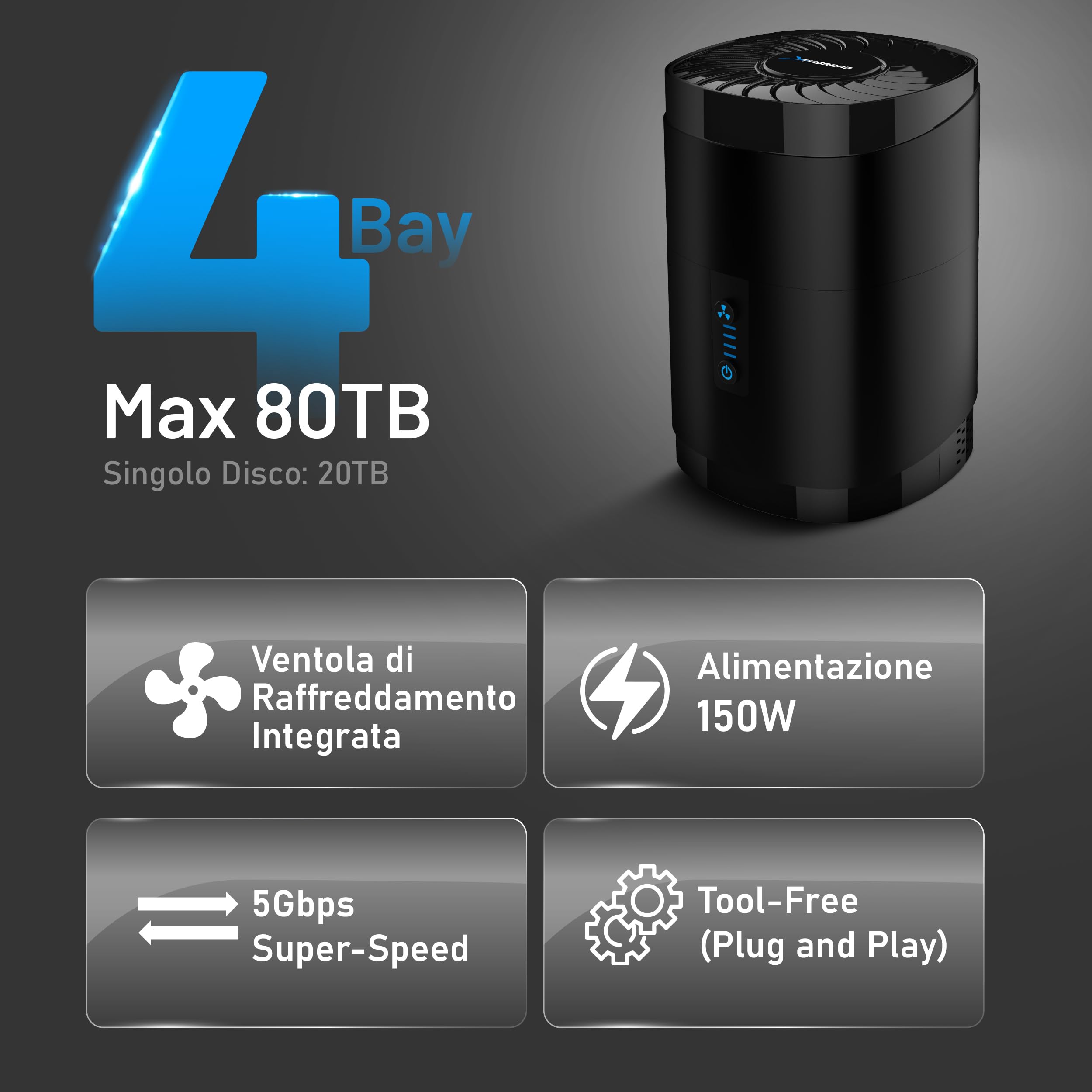 SABRENT Docking Station SSD/Hard Disk Esterno/HDD 2.5 pollici, USB 3.2 Gen 1, 4 slot per SSD/HDD, con alimentatore e ventola, per SSD/HDD SATA, installazione senza attrezzi (DS-4SSD)