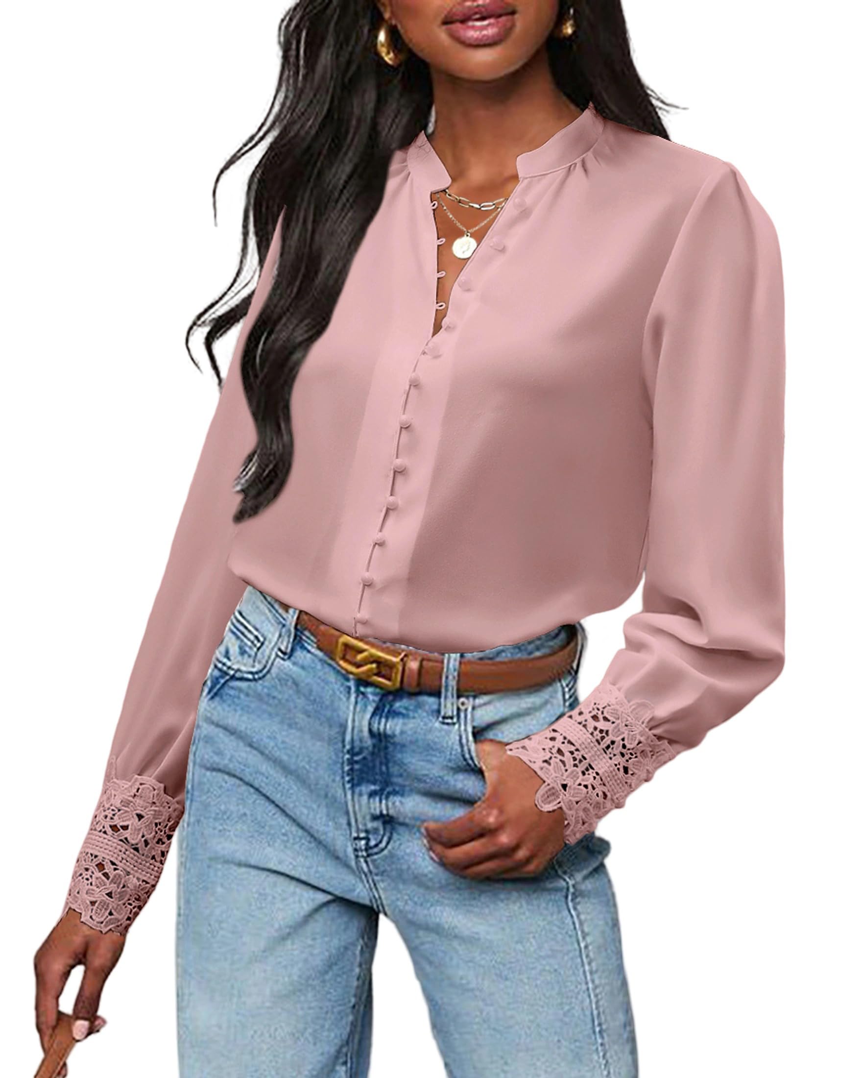 Neweek Womens Button Down Shirts Lace Cuff Long Sleeve Chiffon Dressy Tops Band Collar Fall Business Casual Blouses 2025