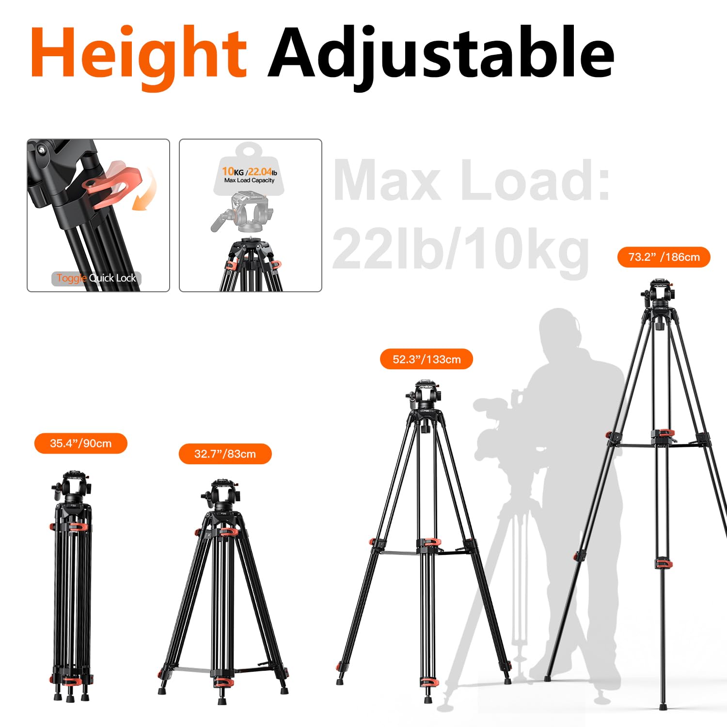 COMAN 186CM Video Kamerastativ - Aluminium Mit Camera Tripod 360°-Fluidkopf,QR Platte Kompatibel mit Fotostativ DJI RS Gimbals, Robustes Stativ für DSLR Kamera und Camcorder,Max Load 10kg