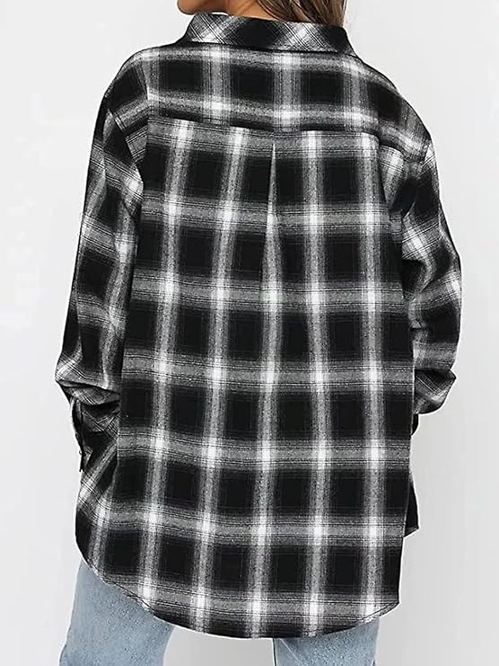 Womens Button Down Flannel Shirts Oversized Long Sleeve Plaid Shackets Casual Blouse Fall Tops