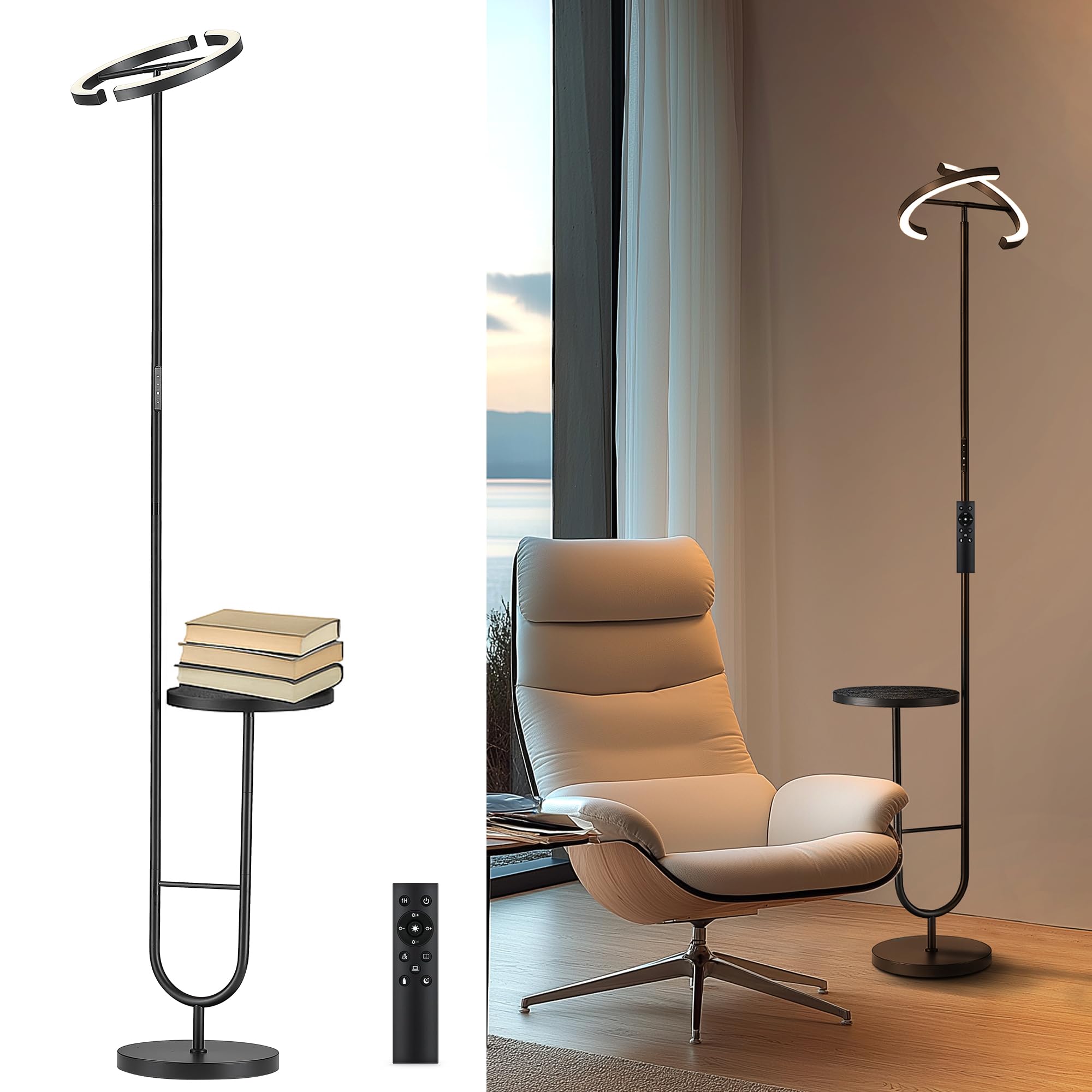 LuminexDesigns Floor Lamp with Table – Dimmable LED Lamp 36W with Remote Control and Touch Control, 360° Rotating Head, 2700K-6500K, Modern for Living Room, Office, Bedroom – Black