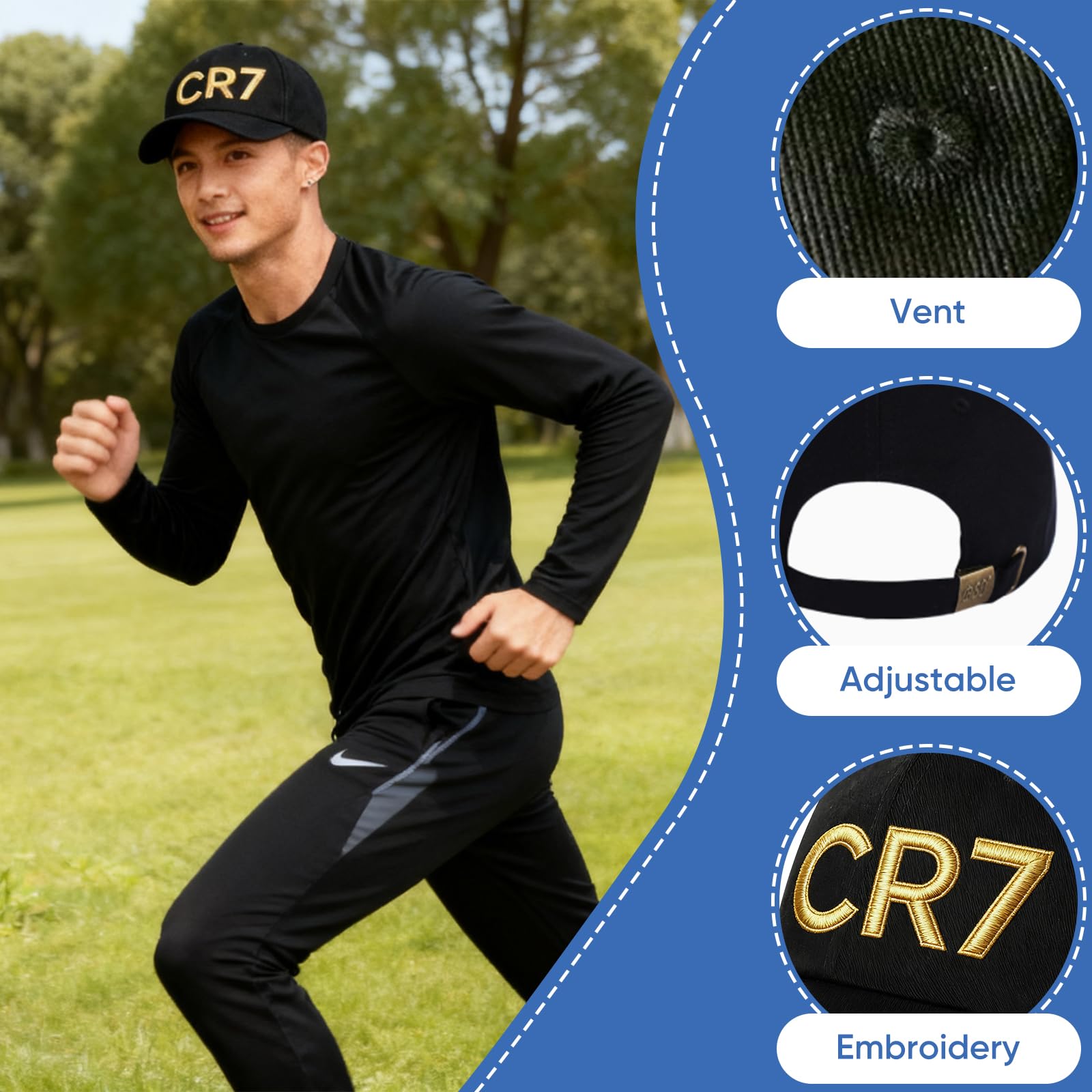 CR 7 Cappellino Bambino Uomo Nero con Emblema 3D Oro Regolabile + Bracciale C R 7 + Collana C R 7 - Set di fan di calcio per ragazzi, fan di Cristiano Ronaldoo