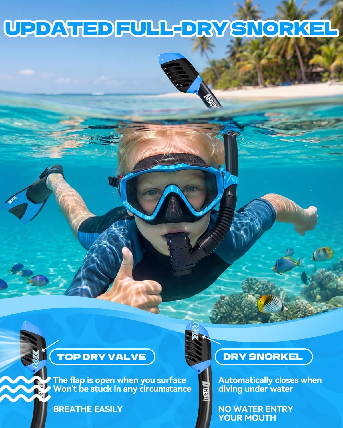 Aegend Snorkeling Gear for Kids Youth - Anti-Fog Diving Mask, Adjustable Fins & Dry Snorkel, Full Snorkel Kit for Snorkeling, Diving, Scuba Diving & Swimming