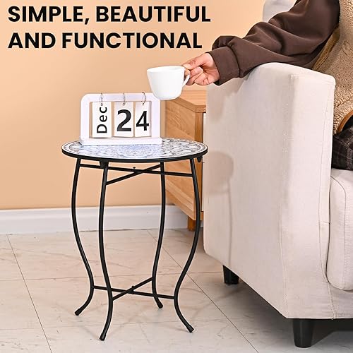 Miniatura 3 de Mesa auxiliar redonda, mesa auxiliar pequeña para interiores y exteriores, resistente a la intemperie, mesa auxiliar de metal negro para sala de