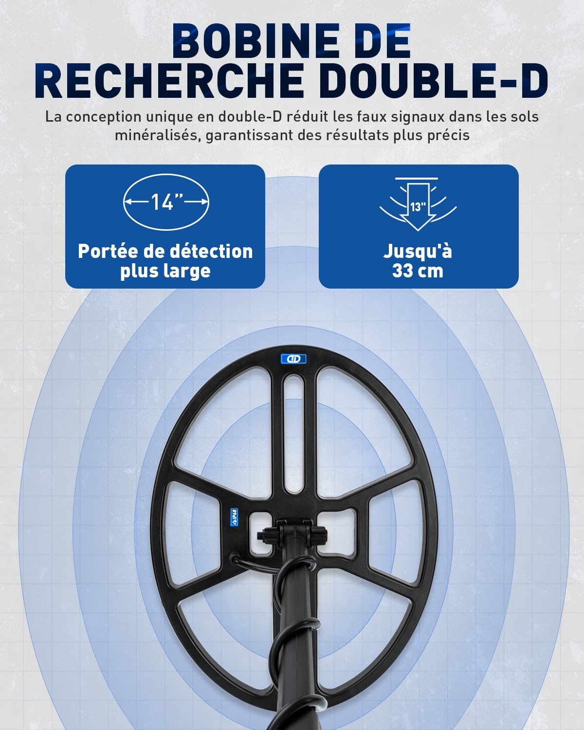 Hazlewolke Détecteur de Métaux Professionnel, Bobine de Recherche DD étanche 14'', Détecteur de Métaux avec Mode de localisation, Profondeur de Recherche de 33 cm, 4 Modes