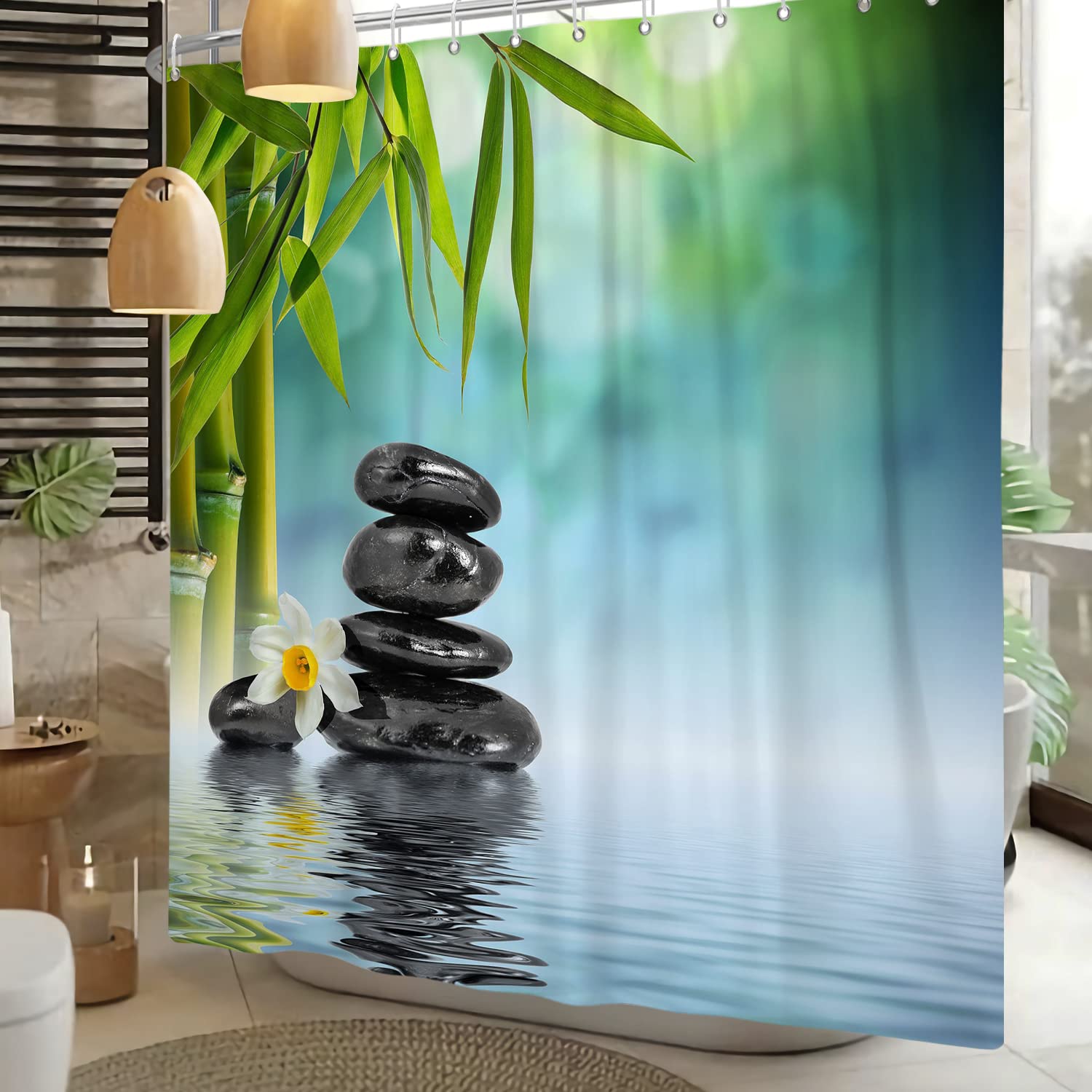 SDOTPMT 36x72inch Spa Japanese Theme Shower Curtain Green Bamboo Leaves Orchid Basalt Stones Bath Curtain Zen Meditation Bathtub Curtain for Bathroom Decor Fabric Polyester with Hooks - Image 3