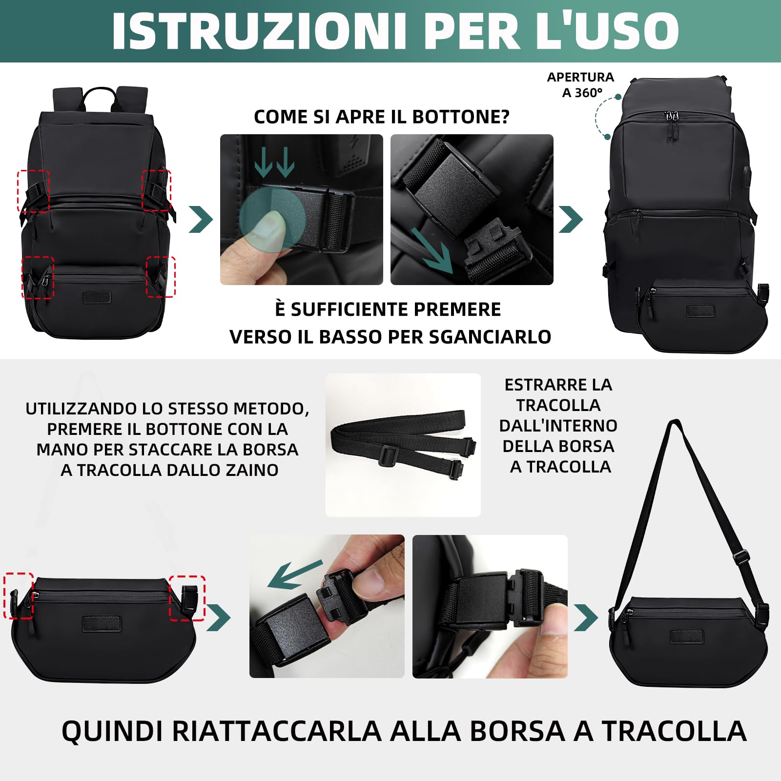 KINGSLONG Zaino da viaggio Business 2 in 1 zaino leggero da 15,6 pollici, marsupio rimovibile, impermeabile, antifurto, nero, ideale per viaggi, lavoro e uso quotidiano