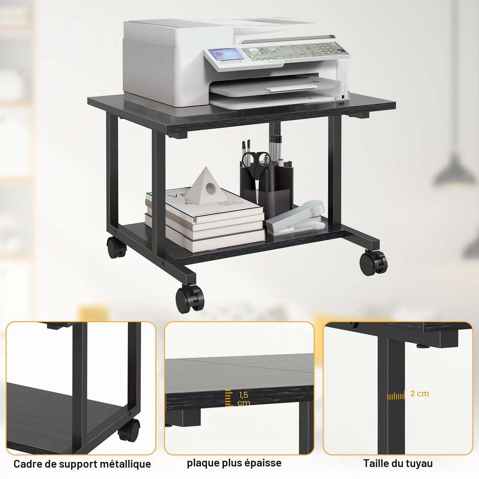 Livofloral Support d'imprimante, Chariot Industriel à 2 Niveaux avec étagère, étagère de Rangement pour Bureau et Maison, Noir