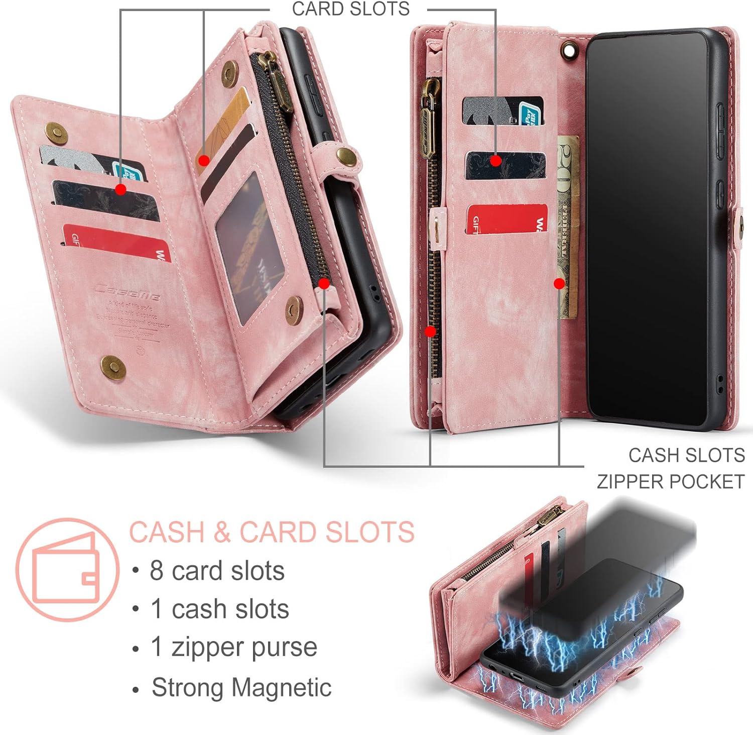Case for Samsung Galaxy A72 2021, Genuine Leather Wallet Detachable Magnetic Cell Phone Cover Zipper Purse RFID Blocking Card Slot Holster for Samsung Galaxy A72 5G 2021 (Pink, A72)