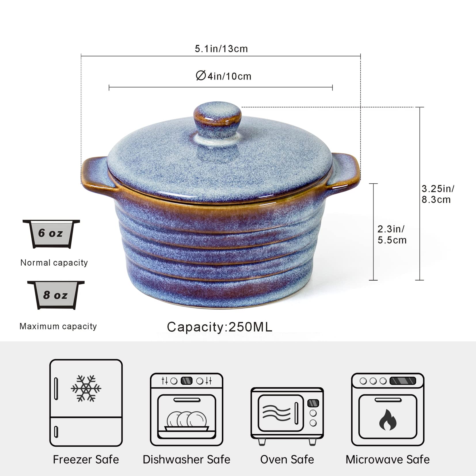Mini Cocotte in Ceramica, UNICASA Casseruole Ciotoline Forno - 250 ml, Pirottini per Soufflé 250 ml, Ramekin Set da 4 pezzi, Lavastoviglie Fit