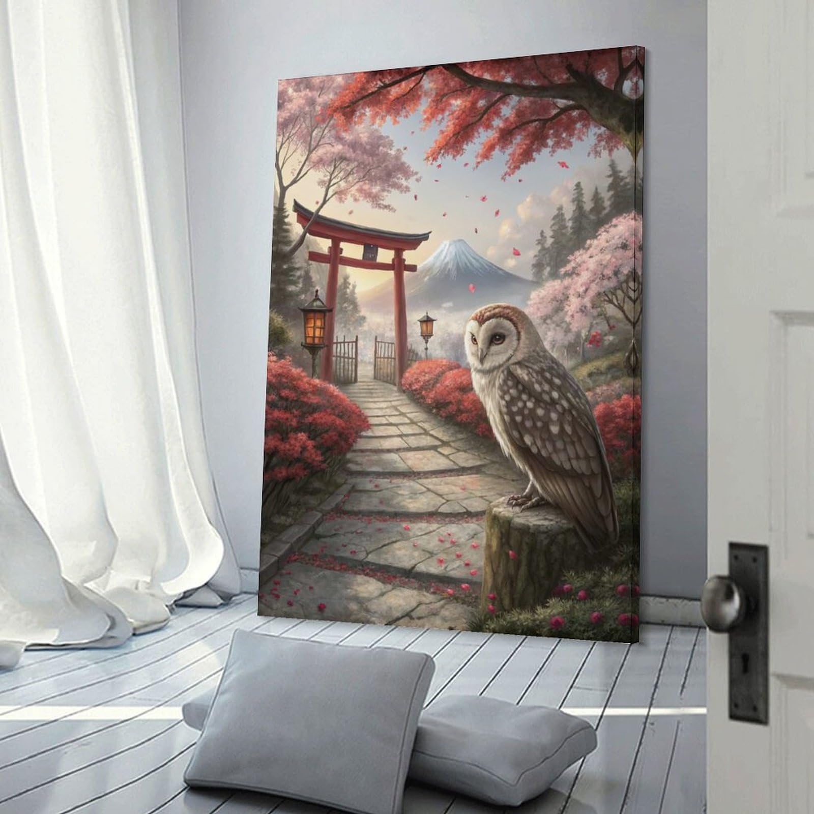 Junmoney Decorative Wall Artwork Owl in Japanese Garden with Mt. Fuji, 24x36inch(60x90cm), for Calm Bedrooms, Home Corners Or Flats, An Easy Wall Refresh for Bedrooms
