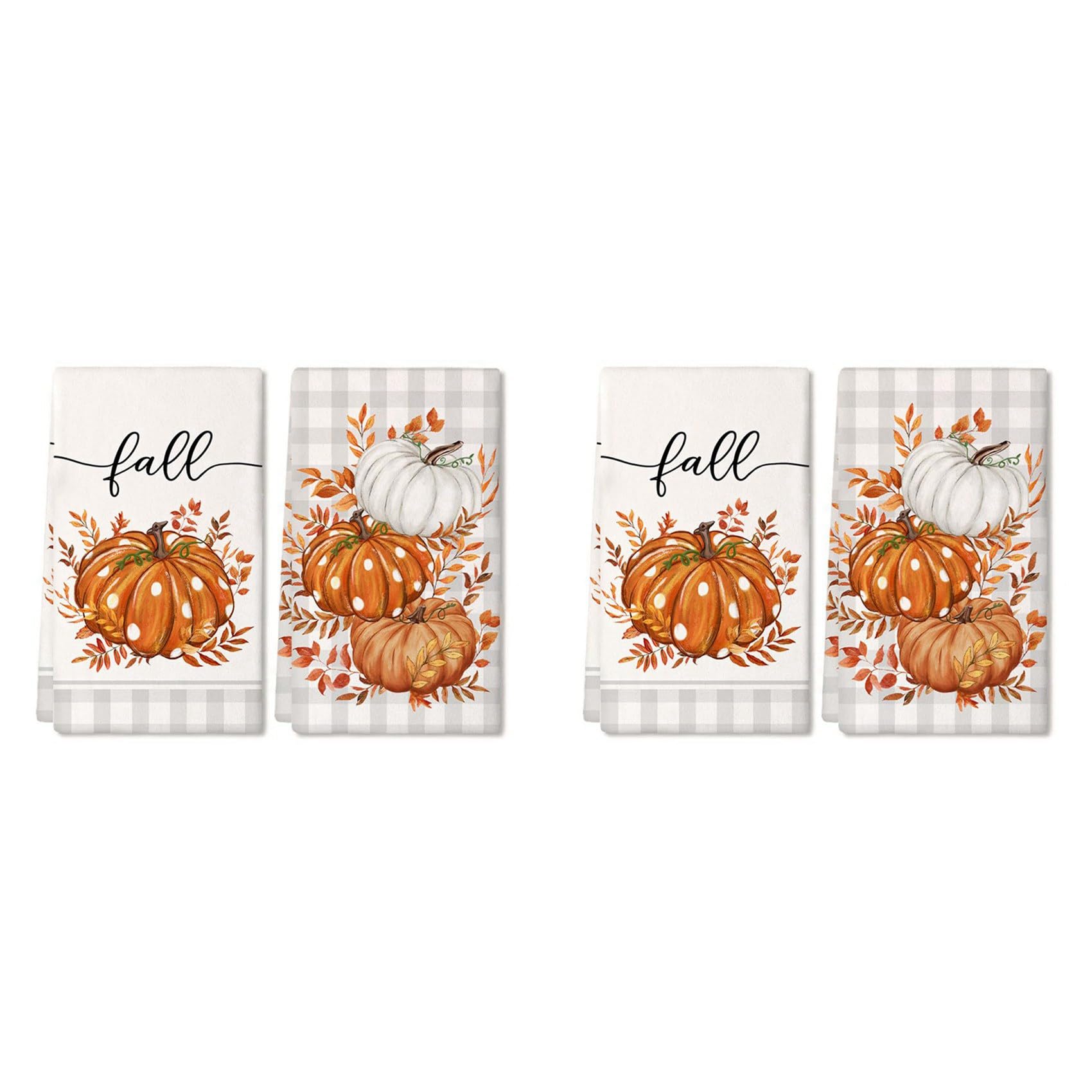 Hndhbfgrt 4PCS Fall Kitchen Towels Set of 4, Orange Pumpkin Grey Check Autumn Dish Towels Drying Dishcloth