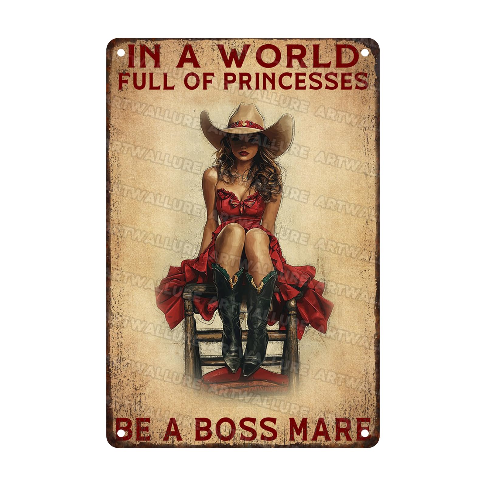 Cowgirl In A World Full Of Princesses Be A Boss Mare Vintage Metal Sign Cowgirl Rustic Wall Decor for Man Cave Bar Shed Cafe Club Decoration 8x12inch