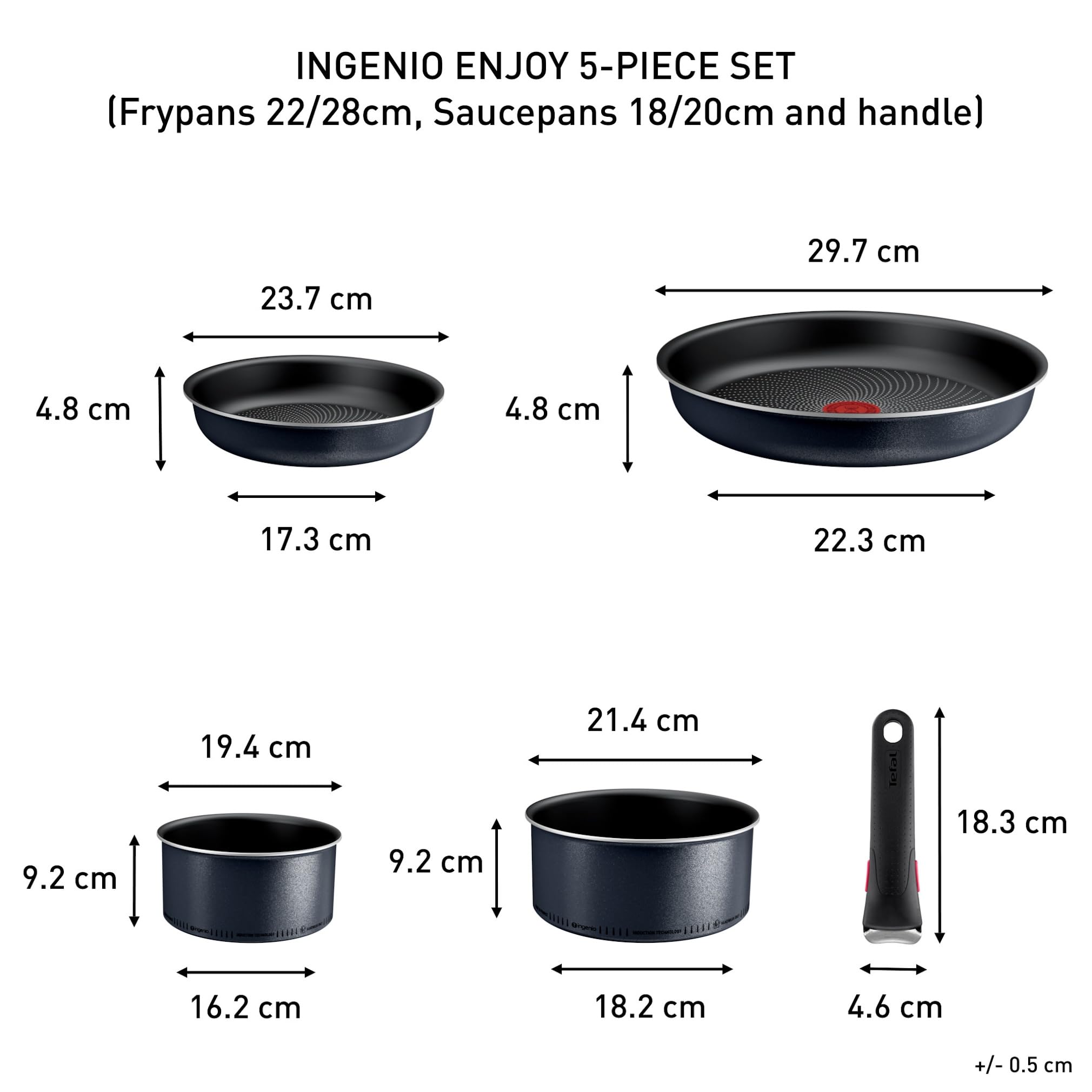 Tefal Ingenio Enjoy, Batterie de cuisine 5pièces, Poêles et casseroles légères, Technologie Light Tech, Poignée amovible