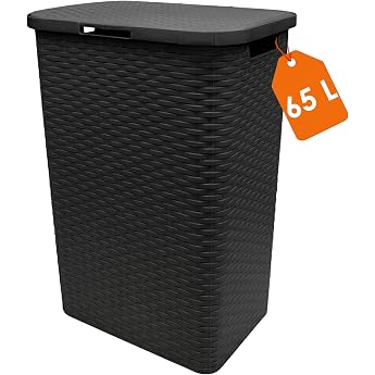 Plastic Laundry Basket Anthracite with Lid in Rattan Look   65 Litres   Laundry Basket in Wicker Look with Side Handles   Laundry Hamper Box Space-Saving Damp Room Resistant