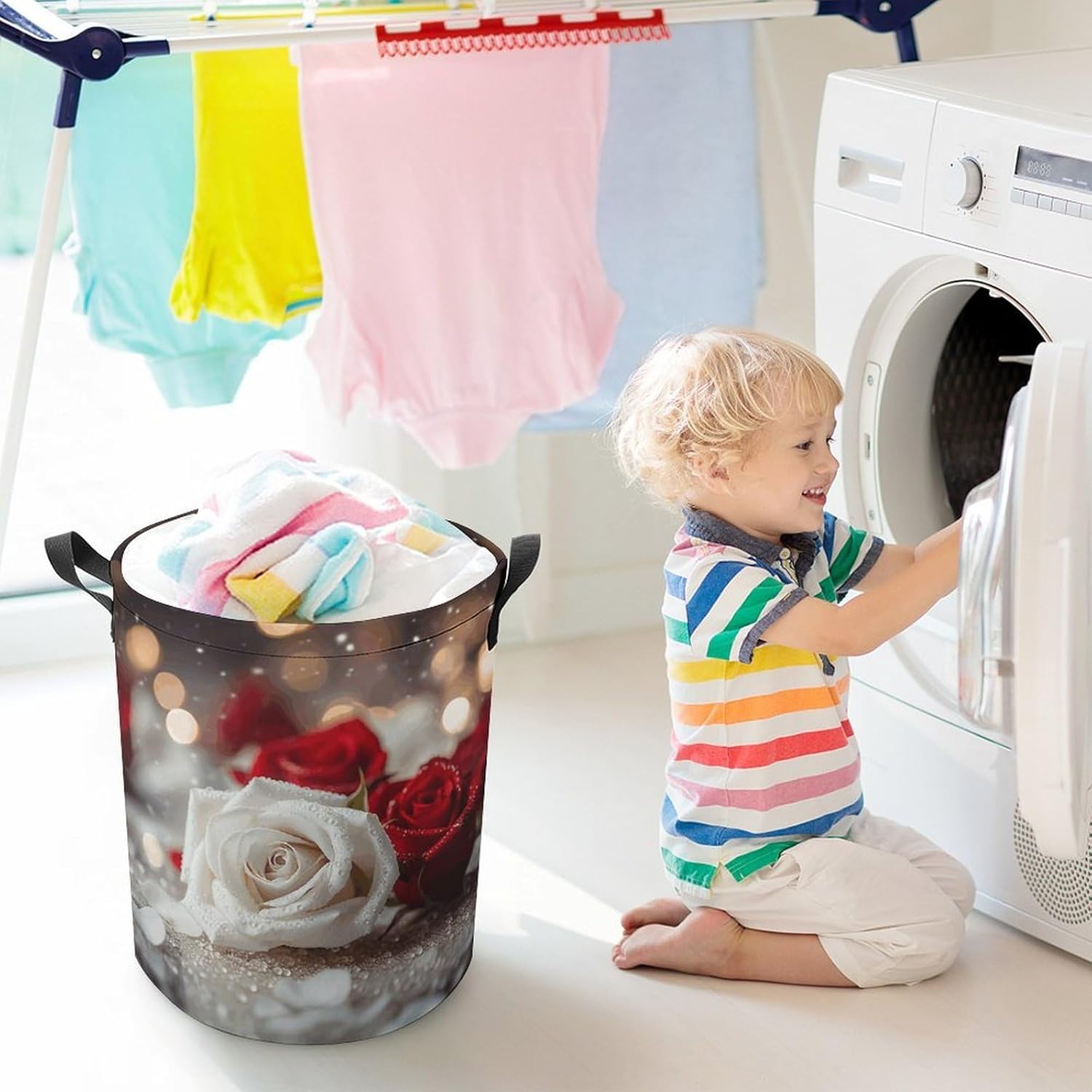 Roses in Background Laundry Basket Collapsible Clothes Hamper with Reinforced Handles Large Capacity Waterproof Laundry Bag Freestanding Laundry Hamper for Bedroom Bathroom