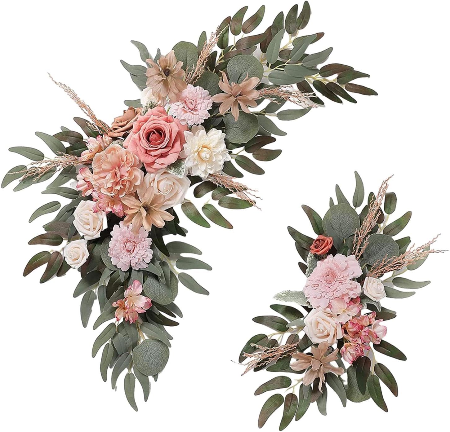 2 Pieces Silk Flowers Floral Backdrop Hanging Wedding Arch Wreath,Artificial Flower Swag for Home Wall Door Party Decoration, Champagne Pink