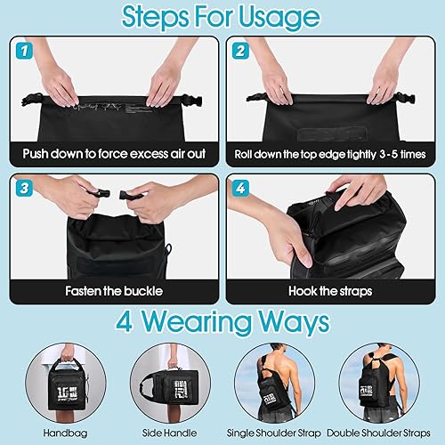 Miniatura 4 de Mochila impermeable para bolsa seca  bolsillos frontales con cremallera 5L10L20L30L Roll Top Bolsa impermeable con funda impermeable para teléfono