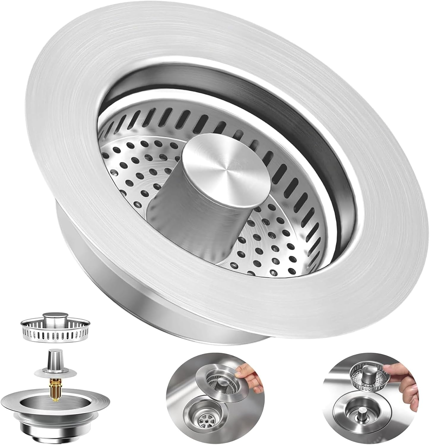 3-in-1 Kitchen Sink Drain Strainer : Pop Up Sink Stopper, 304 Stainless Steel Sink Drain Strainer, Kitchen Sink Stopper with Anti-Clogging Design, Kitchen Sink Strainer Fits US Standard 3-1/2'' Drains