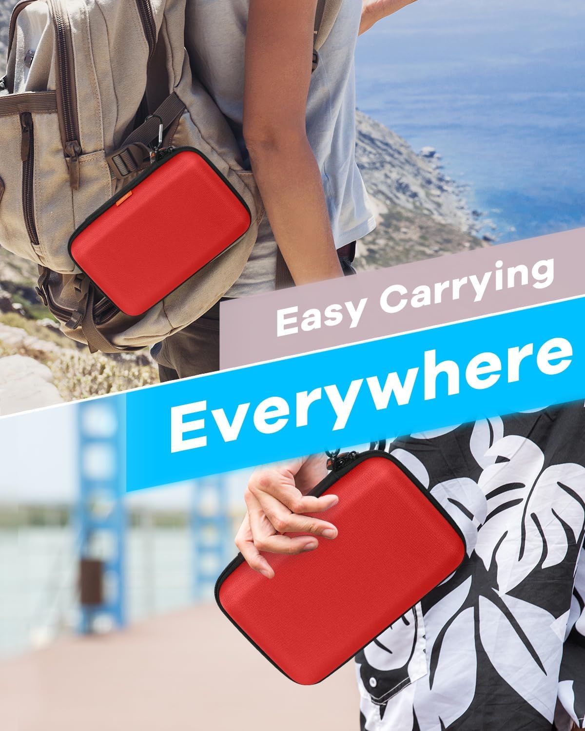 Large Hard Carrying Case - Universal Electronic Organizer Storage Case Bag - Light-Blue + Pure Red