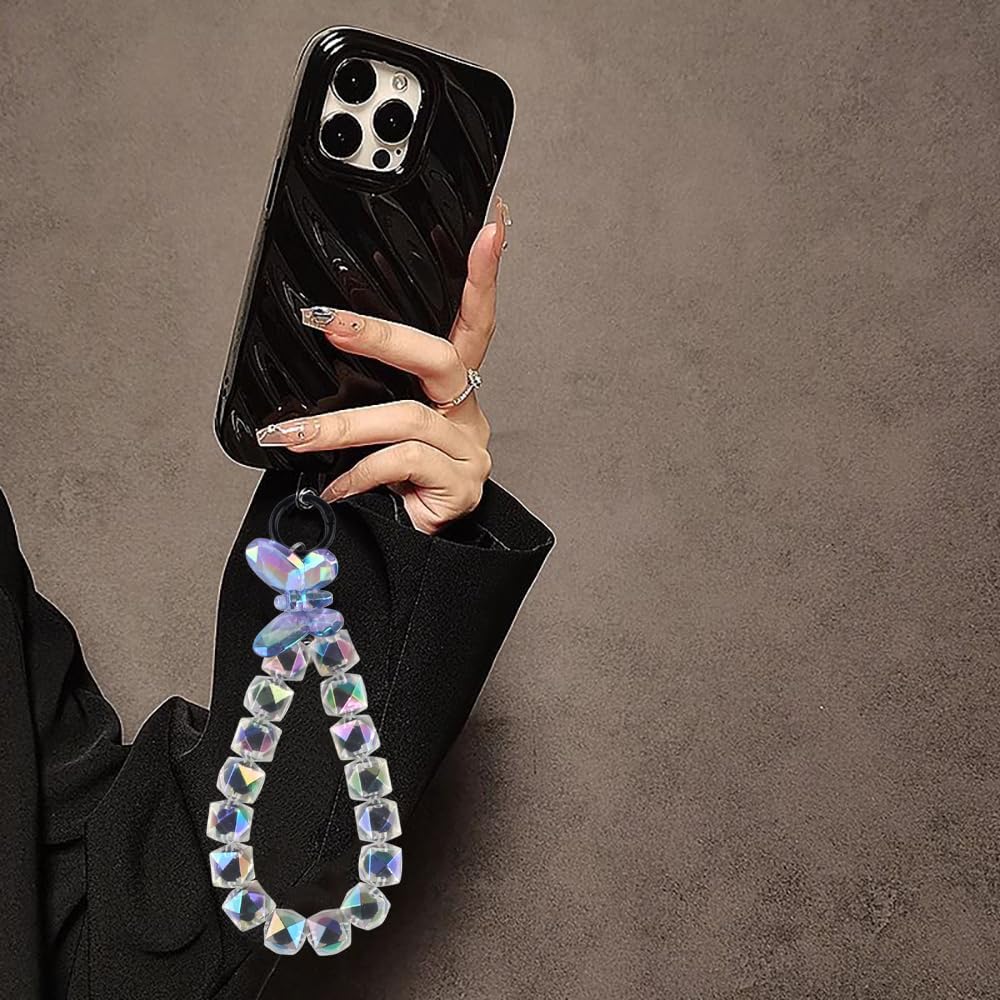 Laser Black Beaded Phone Charm Wrist Strap Acrylic Butterfly Phone Chain Wristlet Cellphone Lanyard Rhombic Lattice Beads Camera Strap Wrist Lanyard Bag Charms for Handbags Cute Keychain Accessories - Image 7